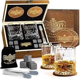 Whisiskey Whisky Gläser Set - Whiskey Geschenkset Glas - Whiskygläser - Geschenke für Männer - Männergeschenke - Geburtstagsgeschenk Mann - Geschenkbox, 2 Rum Gläser x 310ML, 8 Whiskey Steine