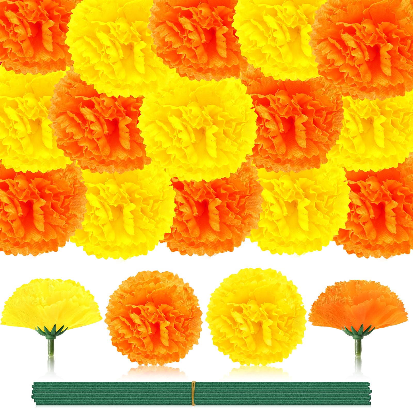 JUNEBRUSHS 30 Pcs Marigold Flower Heads Bulk, Mexican Orange Yellow Artificial Marigold Flowers for Day of The Dead Decorations DIY Wreath Garland Craft Diwali Dia De Los Muertos Halloween Home Decor