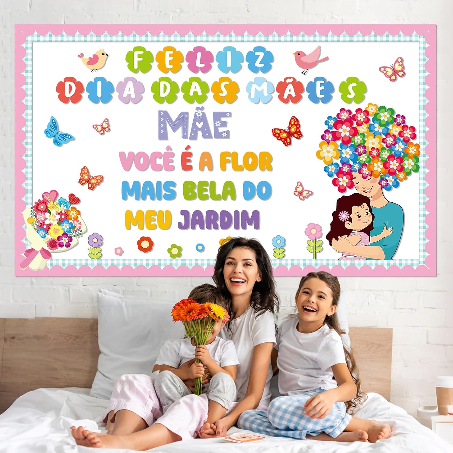 Mother's Day Bulletin Board Set Portuguese Happy Mother's Day Classroom Decoration Feliz Dia DAS MAES Flower Cutouts for Mom Floral Birthday Party School Classroom Home Window Supplies