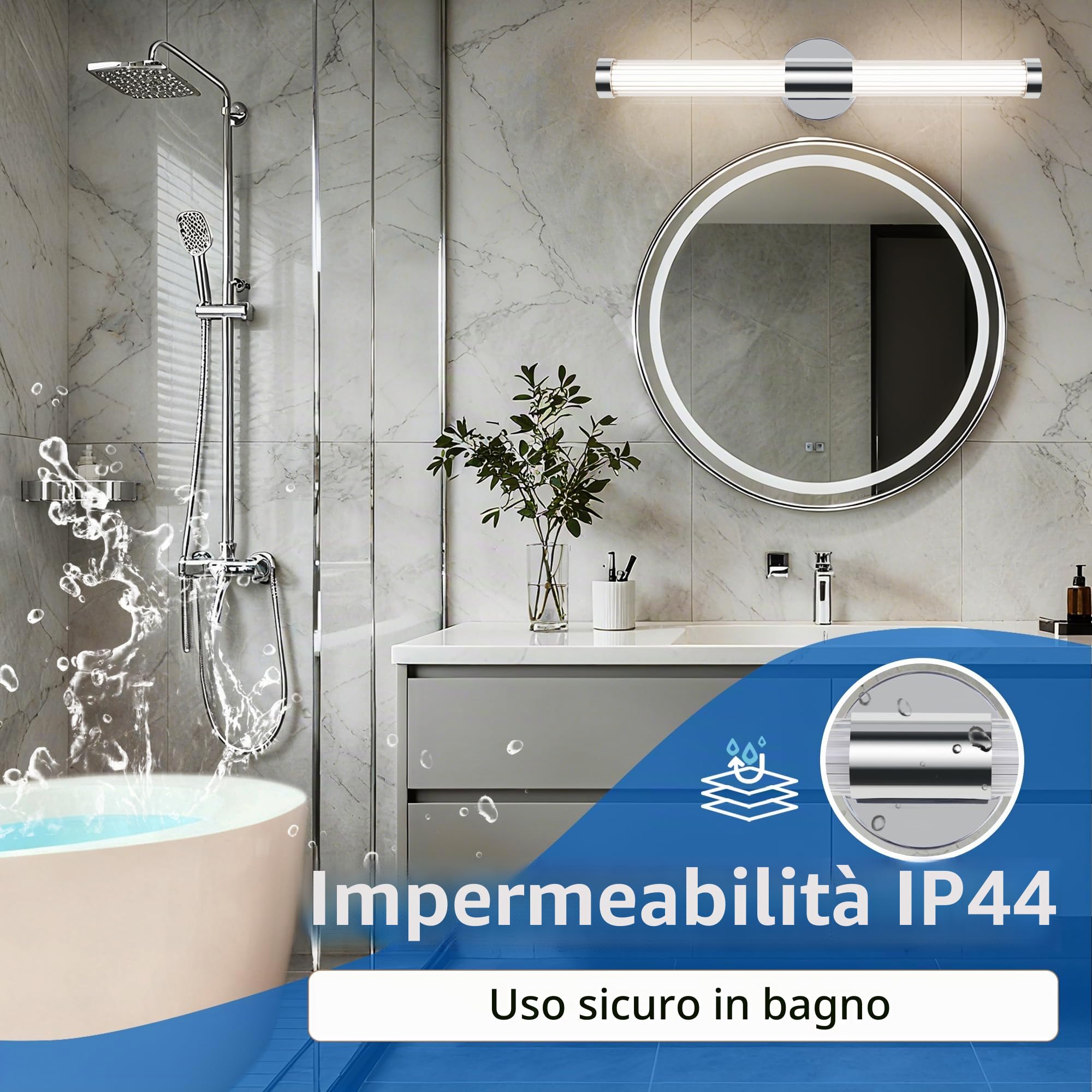 MantoLite Lampada Specchio LED 60cm da Bagno Cromatura a Parete Murale | Lampada led bagno 12w 3cct orientabile 360° ip44 ideale per specchio e illuminazione quadri design moderno