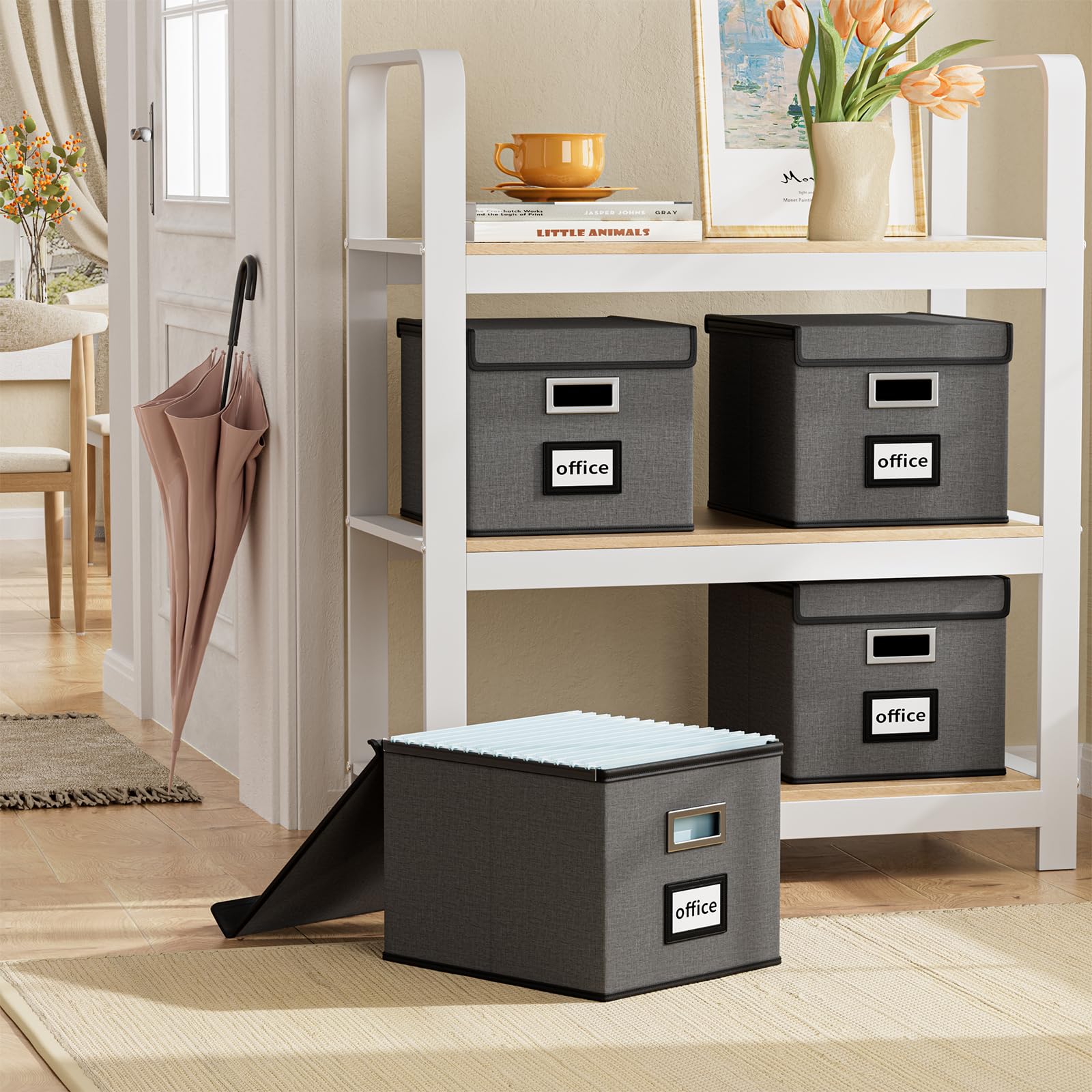 FINEW Caja de almacenamiento plegable de tela con tapa, caja para carpetas colgantes DIN A4, cajas de almacenamiento para oficina, caja plegable para familias (gris oscuro) 4 unidades
