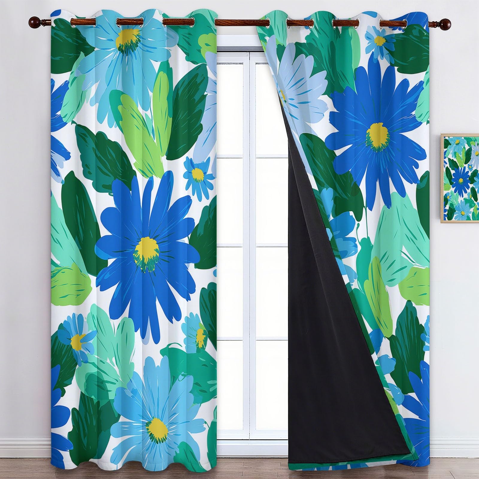 Bezszwowe kwiaty malowane olejnie zasłony na prezent do nowego domu 140 x 300 cm niebieski - eleganckie i praktyczne zasłony zaciemniające, zestaw 2 paneli idealny na ślub, urodziny lub przeprowadzkę