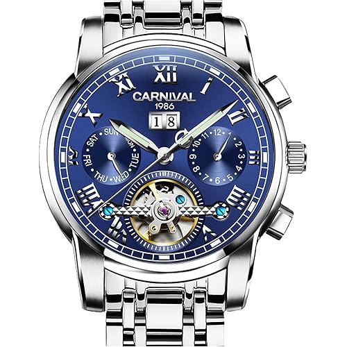 Mens tourbillon Automatic Mechanical Watch Silver Stainless Steel Multifunction Blue Watches