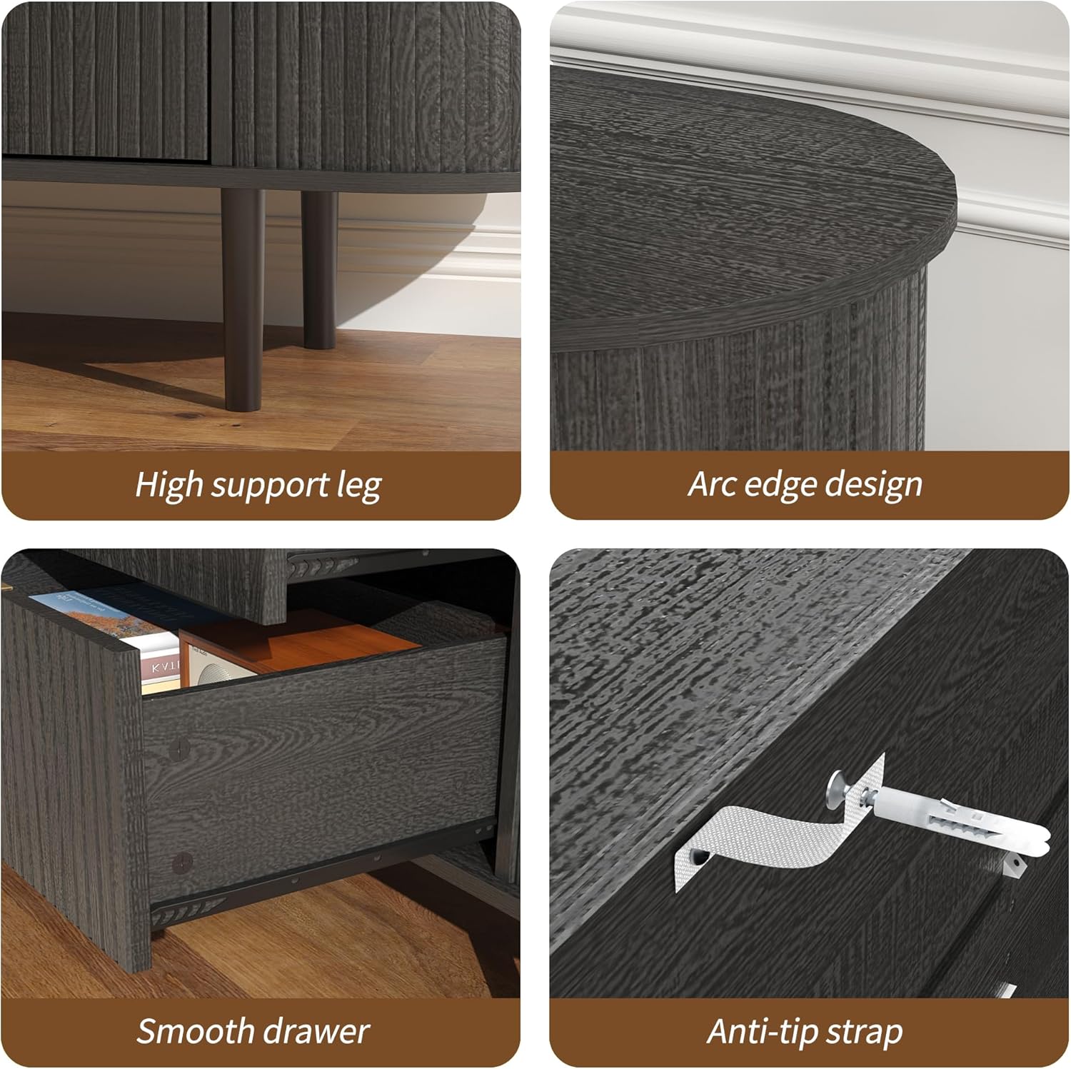 Modern Curved Fluted TV Stand for TVs up to 70 Inches, TV Console with Sliding Doors and Drawers, Credenza with Storage Cabinet for Living Room, 63 Inch, Black