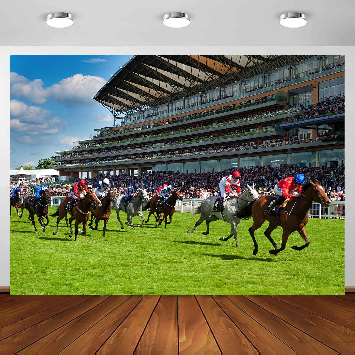 Horse Racing Stadium Backdrop, Racecourse Green Grass Horse Racetrack Birthday Background Party Supplies Decoration, Polyester