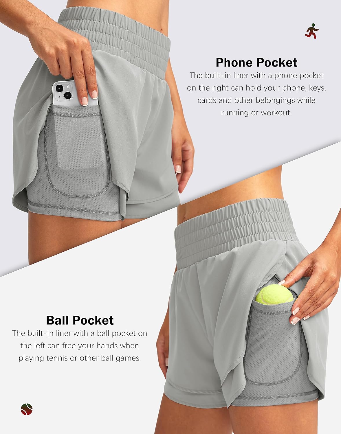 Soothfeel Women's 2 in 1 Running Shorts High Waisted Athletic Shorts Exercise Gym Workout Shorts for Women with Pockets - Image 5