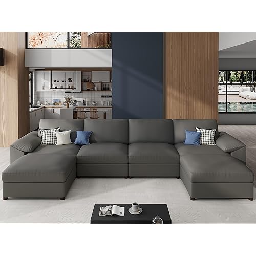 EASE MOOSE Leather Sectional Couch, Oversized Modular Sectional Sofas, Wide Deep Seat Modular Couch, Scratch Resistant Faux Leather Material, U Shaped Sofa for Big Spaces,Grey