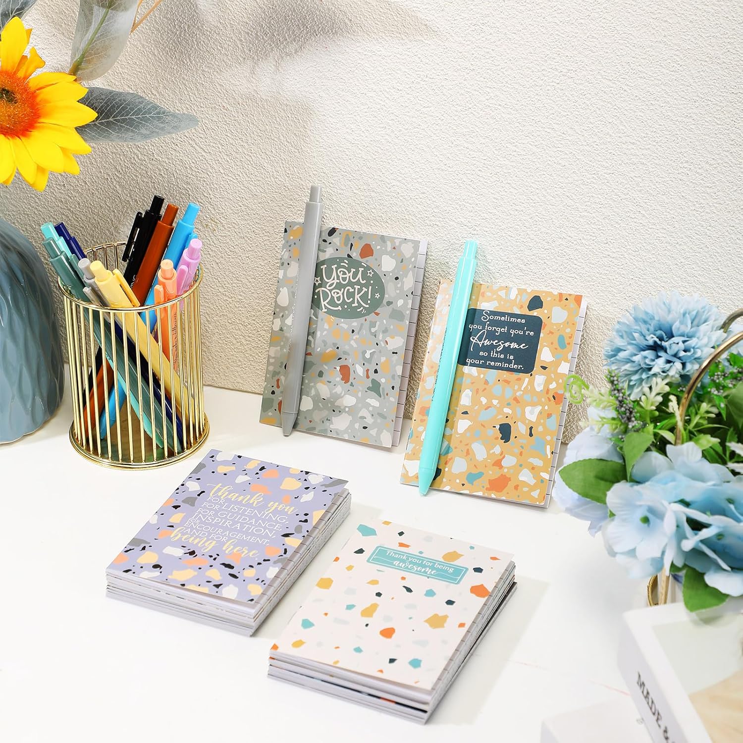 PerKoop 50 Sets Employee Appreciation Gift Mini Pocket Notebook with Pens Bulk Motivational Thank You Gift Inspirational Marbling Notepad with Colorful Pens for Social Worker Volunteer Coworker