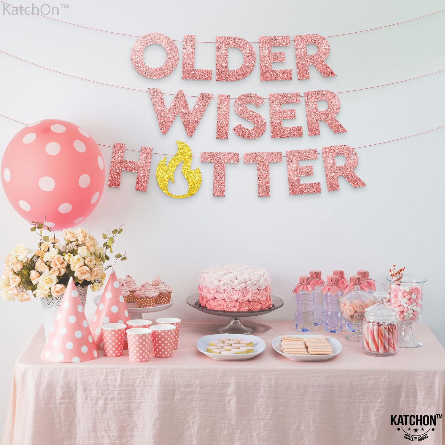 KatchOn, Glitter Older Wiser Hotter Banner - No DIY, 10 Feet | Rose Gold Birthday Banner, Birthday Decorations For Adult Women | 30th 40th 60th 70th 50th Birthday Decorations Sign