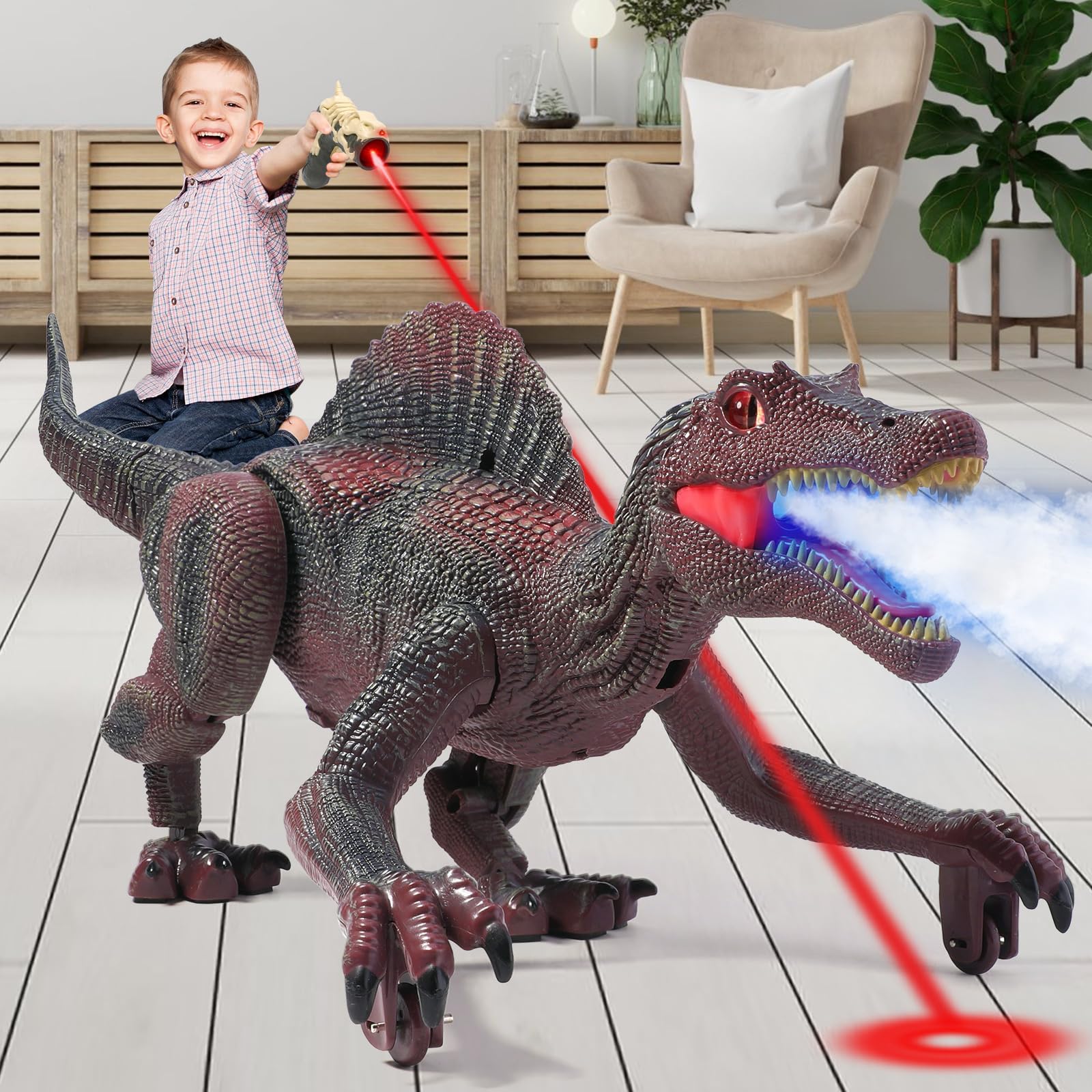 Mini Tudou Remote Control Dinosaur Toys for Kids,Light Tracing RC Jurassic Spinosaurus Toys w/Auto Spray and Realistic Light & Roaring,Walking Robot Dinosaur Toy for Boys Girls 3-5 4-7 8-12