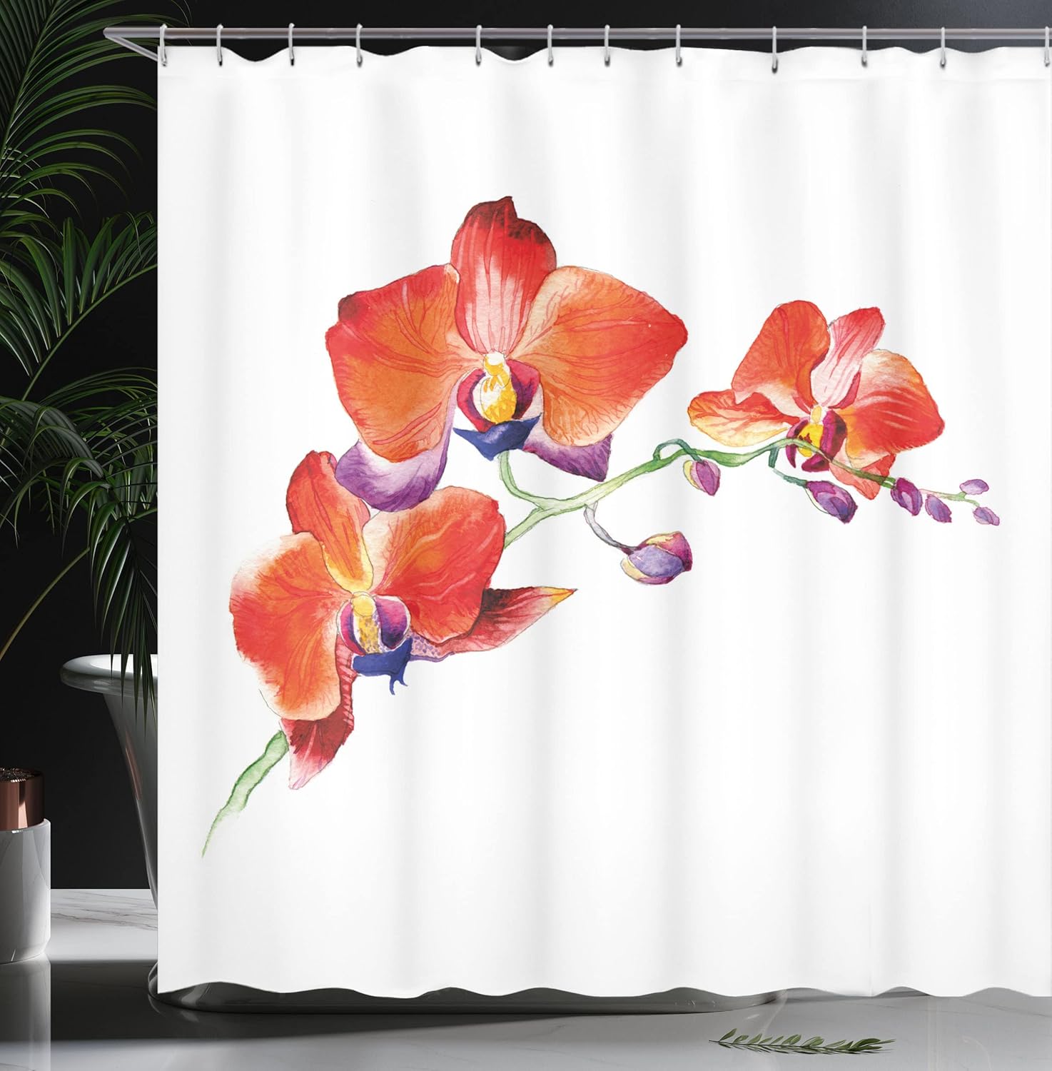 Ambesonne Floral Shower Curtain, Orchid Flower Branch with Vivid Color Petals Blossom Botany Blooms Picture, Cloth Fabric Bathroom Decor Set with Hooks, 69" W x 70" L, Orange Violet White