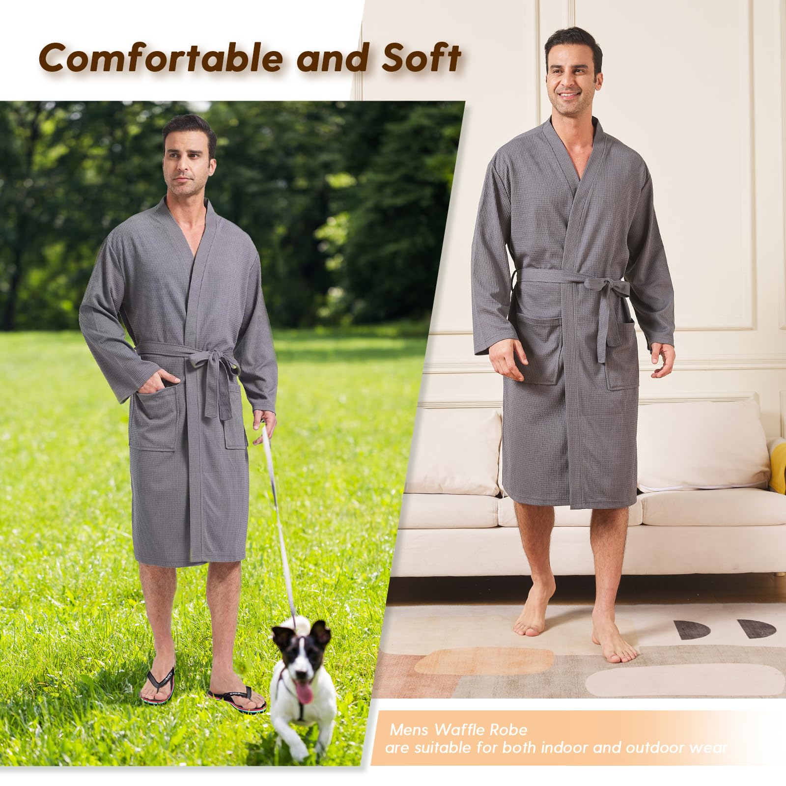 FashGudim Herren-Waffelpikee-Bademantel, leichter Kimono-Spa-Bademantel, knielang, Sommerroben
