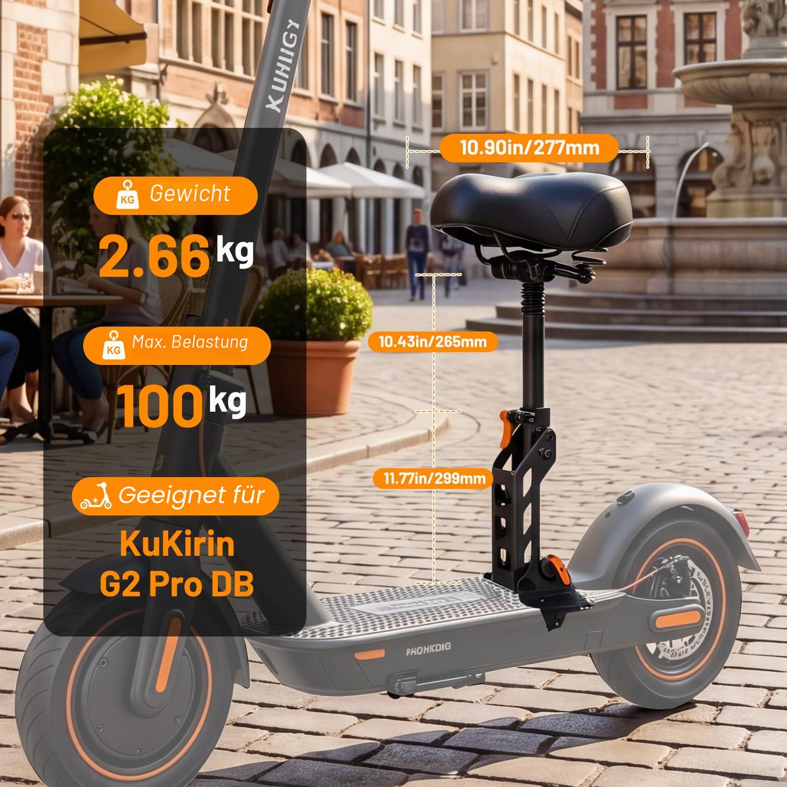 Elektroroller Sitzsatte, E Roller Sitz, Scooter Sitz, für Kukirin G2 Pro DB Höhenverstellbar, Faltbar, Stoßdämpfend, Atmungsaktiv, High-End-Sattel, Abnehmbar, für Langstreckenfahrten Geeignet