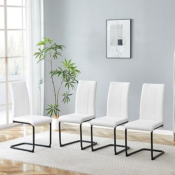 White Dining Chairs Set of 4,White Leather Dining Room Chairs | Waterproof Leather, Ergonomic High Back, Spray Coating Metal Legs, 300 Lbs Dining Room, Kitchen, Living Room, OfficeWhite-B,Set of 4