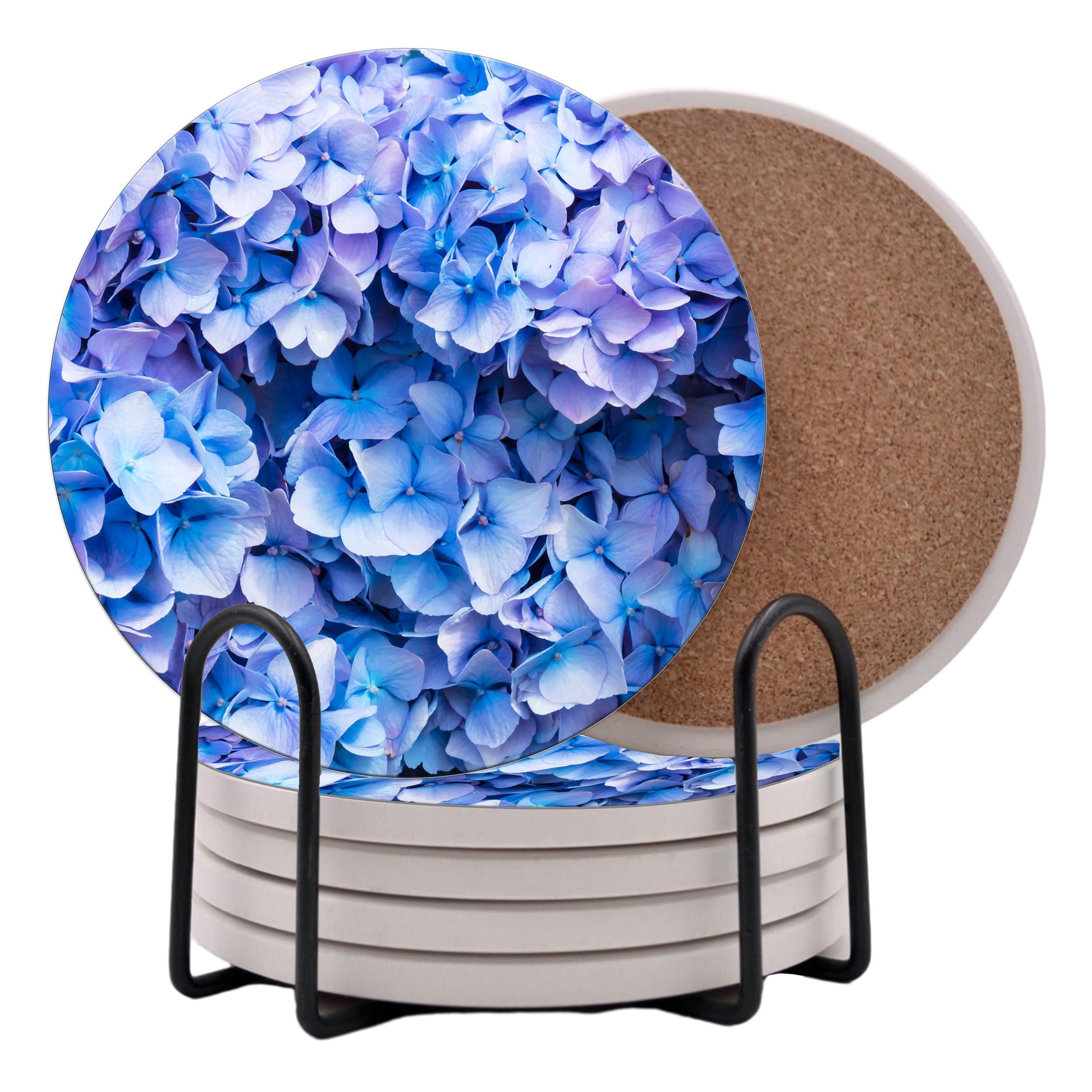 Flowers Blue Hydrangea Round Coasters Set of 6 - Abosrbent Ceramic Coasters with Metal Stand for Drinks, Coffee, Non-Slip Cork Back for Tabletop