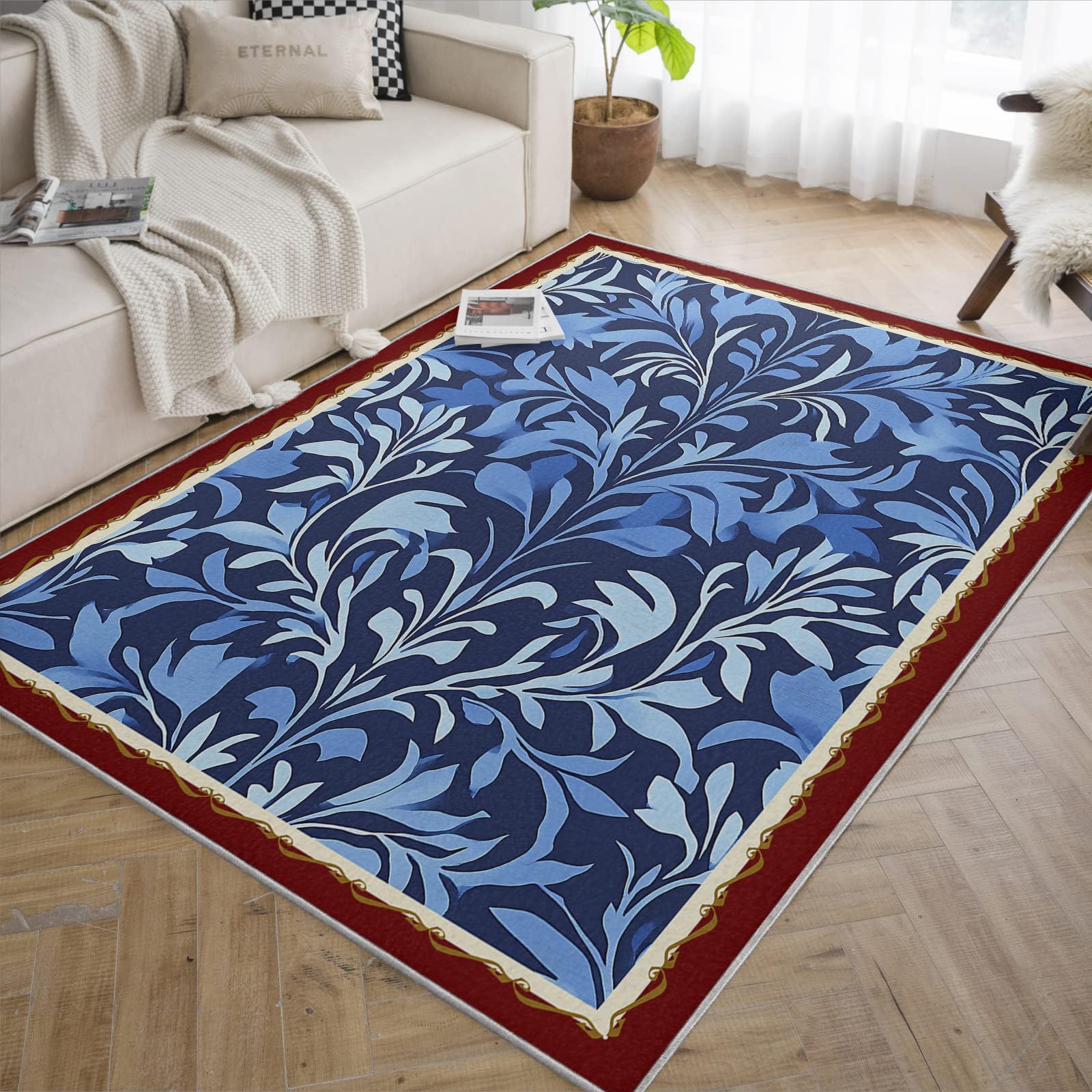 Styl Vintage 120 x 150 cm - Dywaniki do salonu 120 x 150 cm - Botaniczne klasyczne dywaniki z nadrukiem liści niebieski miękki puszysty prostokątny dywanik do łóżka