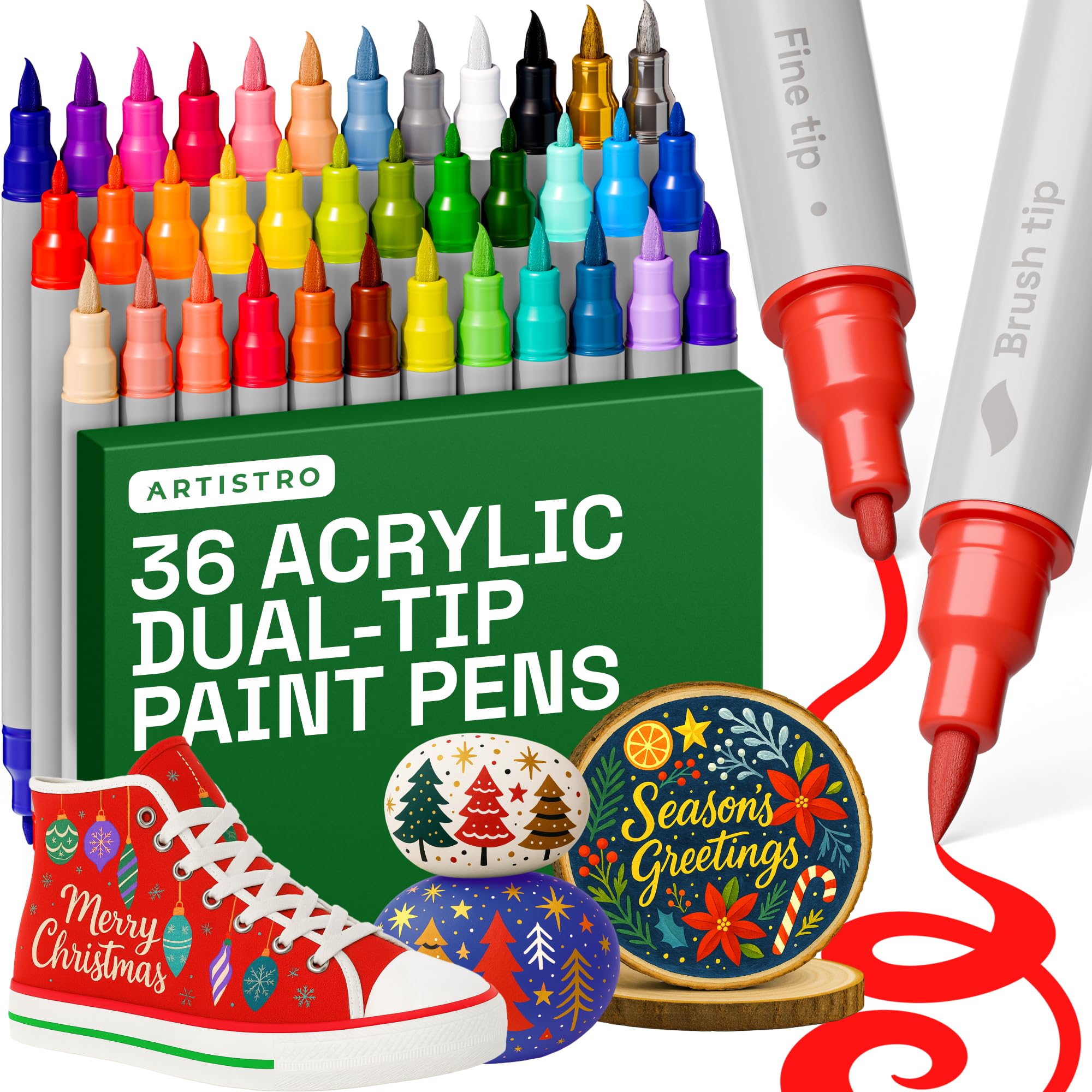 ARTISTRO Dual Tip Acrylic Paint Markers - Easy for All Ages & Levels Acrylic Paint Pens for Fabric, Rocks, Paper, Wood, Canvas, Glass, DIY (Dual Tip Brush + Fine, 36)