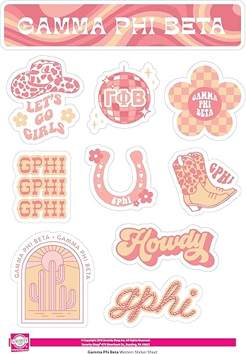 Miniatura 5 de Gamma Phi Beta - Hoja de calcomanías de vinilo de diseño occidental con diseños con licencia oficial, adhesivo extraíble, 10 calcomanías por hoja,