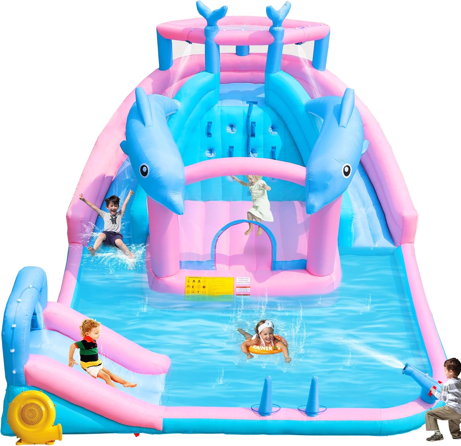 Inflatable Water Slide, Dolphin Bounce House for Kids 3-12, Water Park with Blower, Splash Pool, Climbing Wall, Water Cannon, Bouncy Castle for Backyard Summer Fun, 195 x 162 x 104 inches