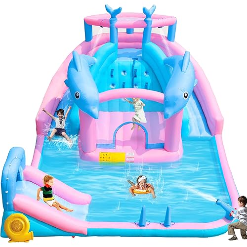 Inflatable Water Slide, Dolphin Bounce House for Kids 3-12, Water Park with Blower, Splash Pool, Climbing Wall, Water Cannon, Bouncy Castle for Backyard Summer Fun, 195 x 162 x 104 inches