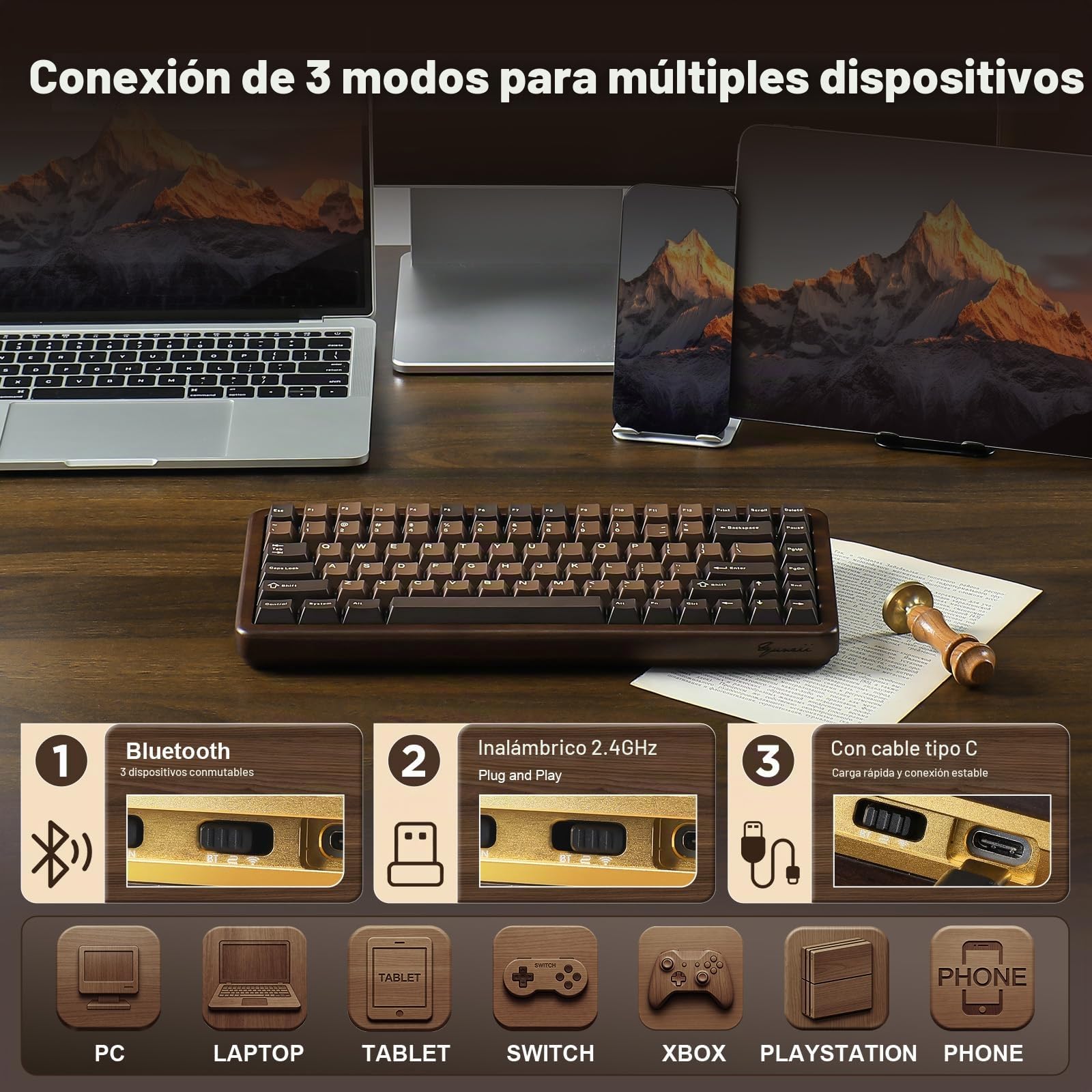 YUNZII WOOD84 Teclado Mecánico Gaming Inalámbrico 75% en Madera (Candy) | Bluetooth/2.4G/USB-C, Retroiluminación RGB, Montaje Tray, Hot-Swap con Teclas PBT Keyboard US ANSI para Mac/PC