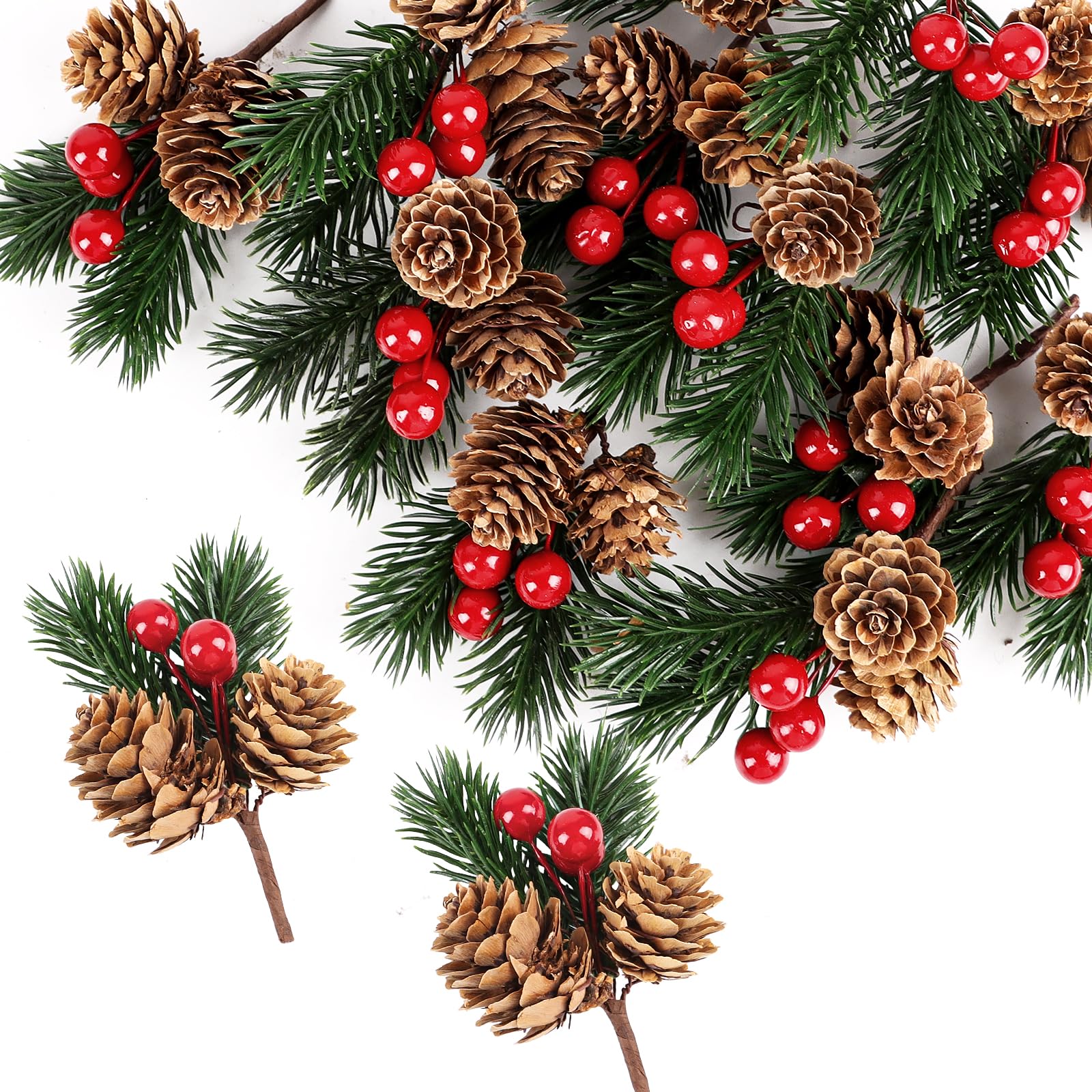 LOKIPA 12 PCS Artificial Picks Christmas Artificial Pine Cones Christmas Pine Needles with Berries for Xmas Flower Arrangements Wreaths Wedding Garden Tree Decorations