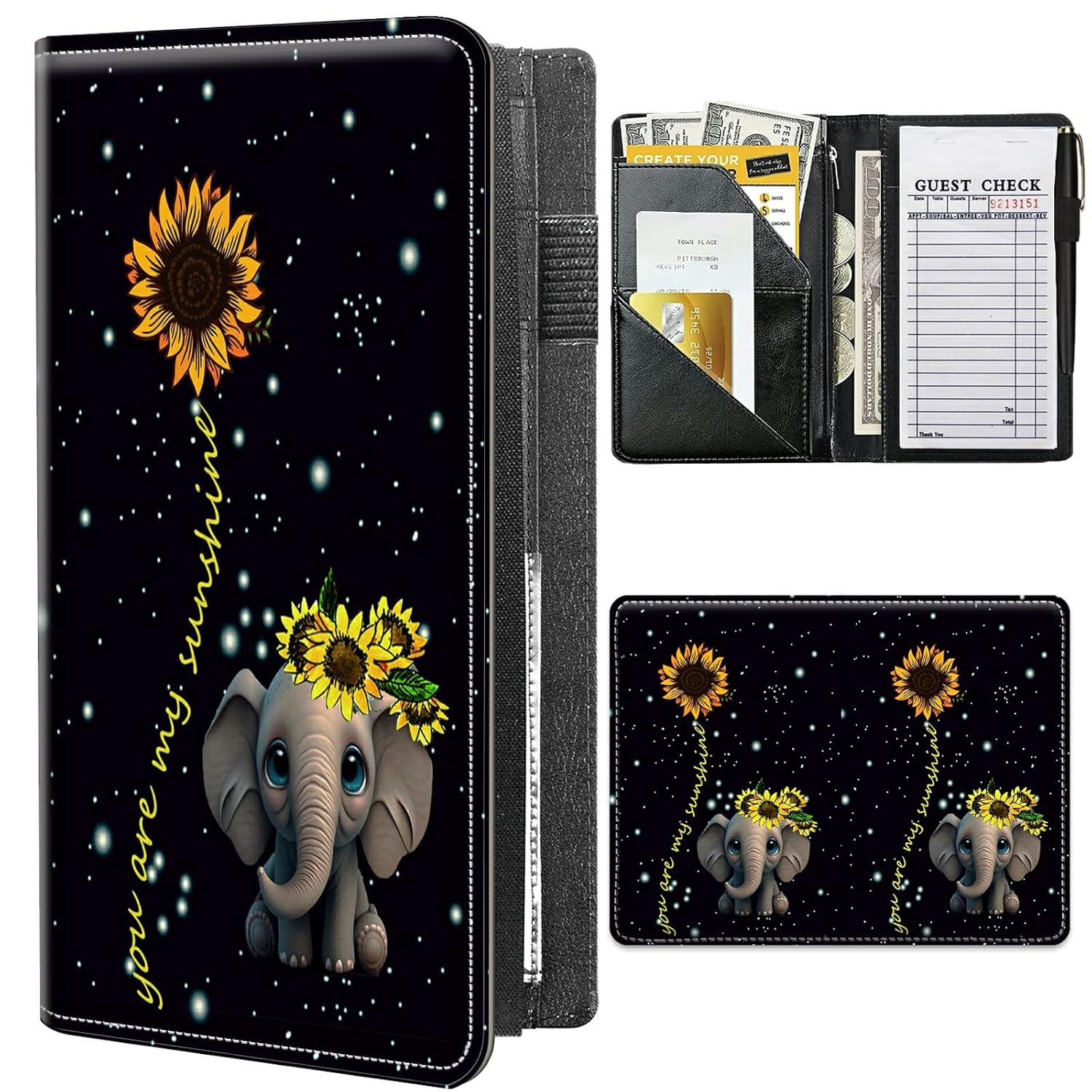 Server Books for Waitress 7.7 x 5 Inch,PU Leather Waiter Book Server Wallet with Zipper and Check Book Holder Money Pocket Waitstaff Organizer Fits Server Apro,Elephant Sunflower
