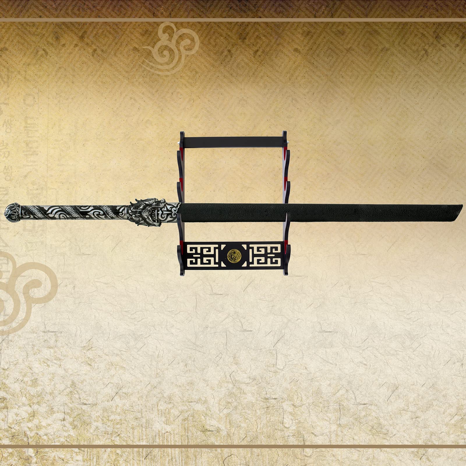 Support Mural Katana 5 Niveaux - Velours Rouge - Présentoir épée Samouraï - 37x60cm