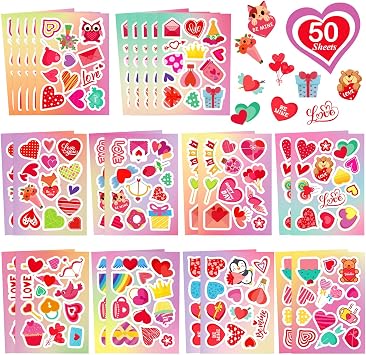 Valentines Stickers for Kids - 50 Sheet Heart Stickers Valentines Day Crafts, 615pcs Valentines Day Gifts for Kids Classroom, Water Bottle Stickers Valentines Party Favors Love Sticker for Kids