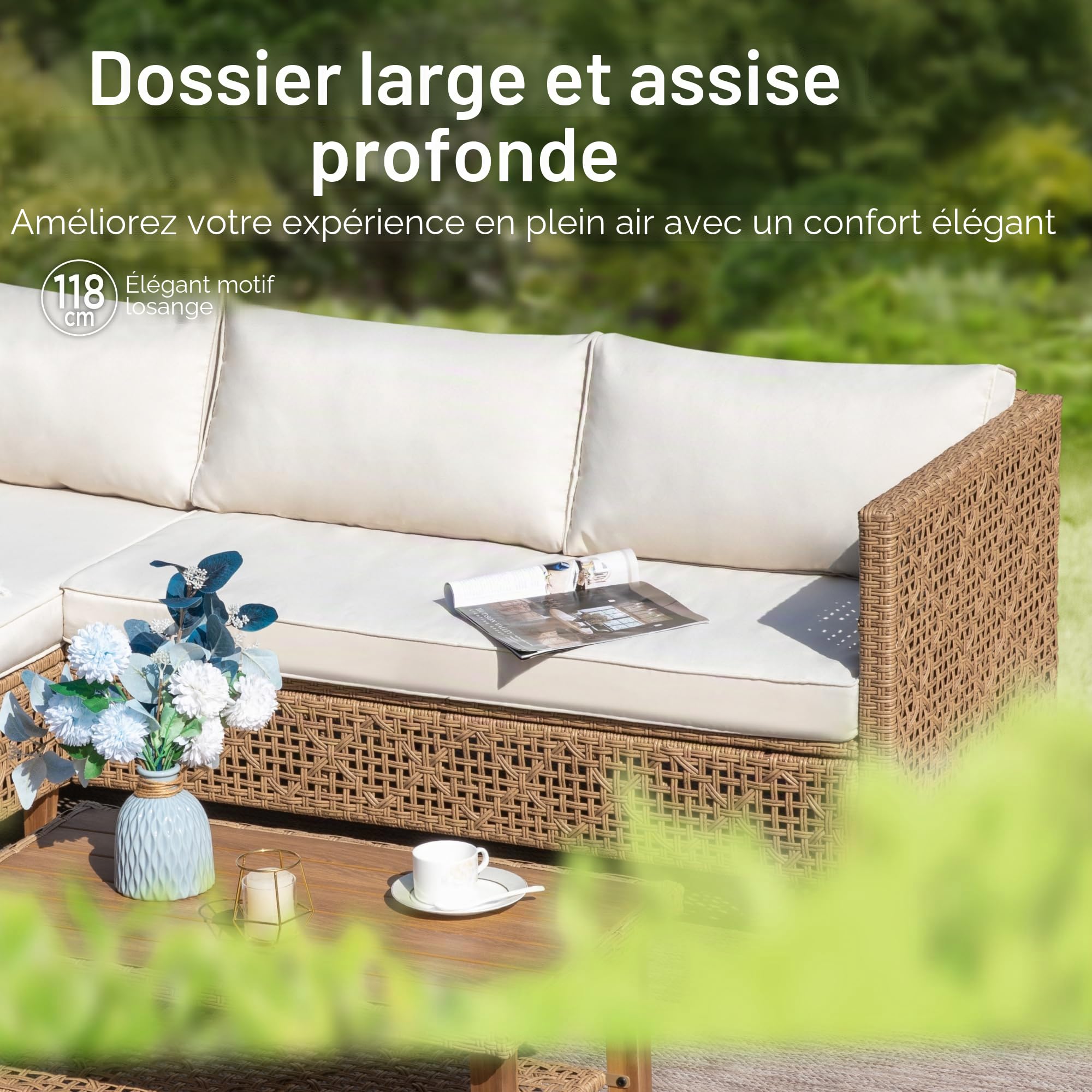 PHI VILLA Ensemble de meubles de jardin de balcon 3 pièces en rotin avec 1 méridienne, 1 canapé 2 places et 1 petite table basse, 4 personnes, meubles de terrasse d'extérieur