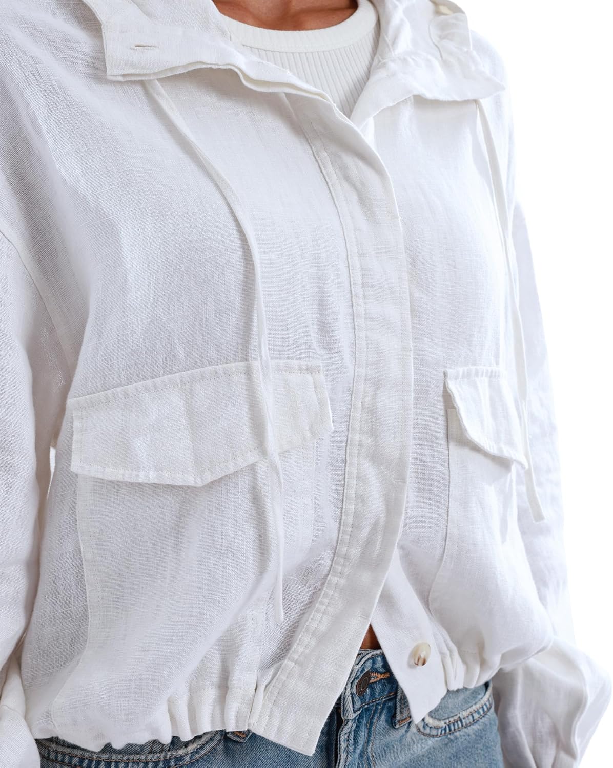 Amazhiyu Women's Pure Linen Button Front Long Sleeve Drawstring Hooded Jacket Coat - Image 5