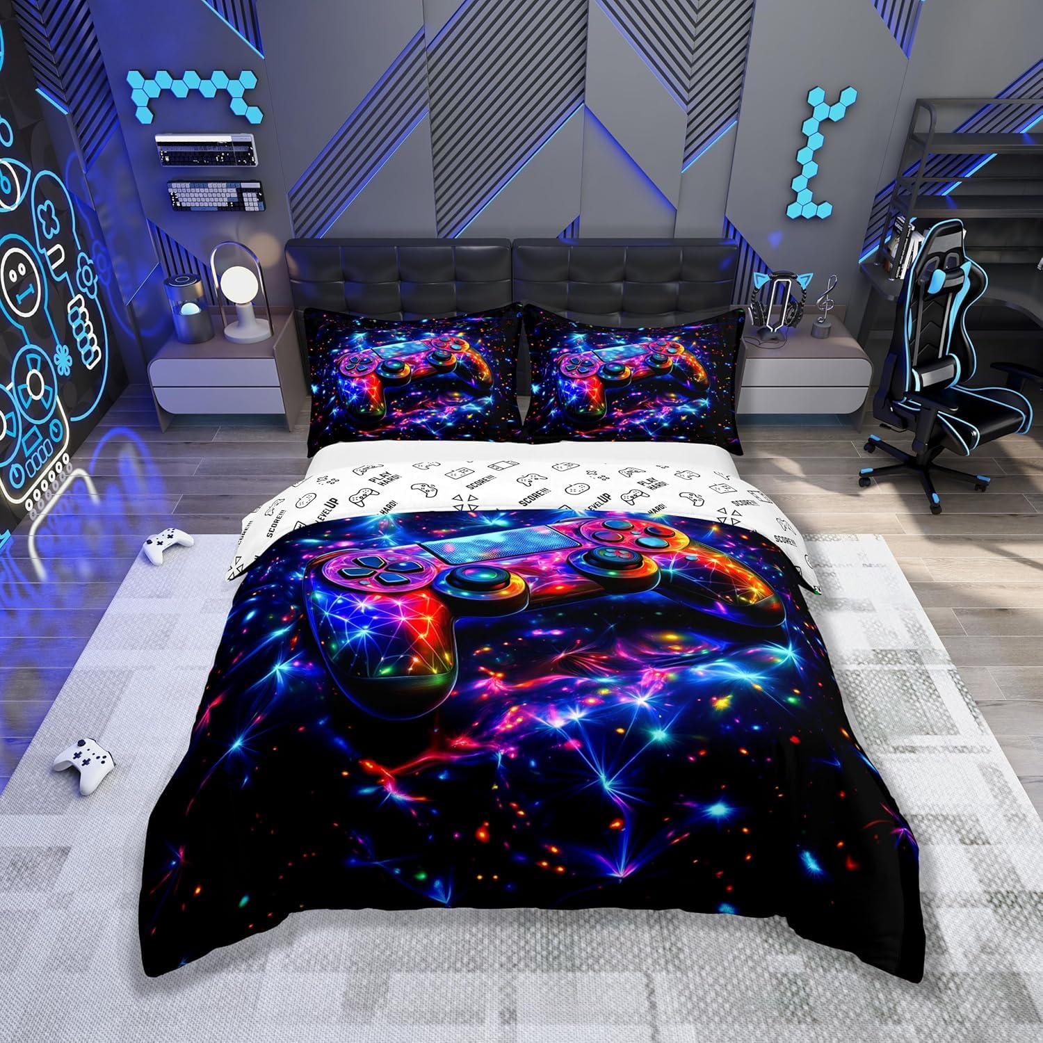 Loussiesd Kids Gamer Games Bedding Set Single Size Galaxy Gaming Glitter Game Quilt Cover Girls Boys Gamepad Teens Duvet Cover Set including 1 Pillowcase