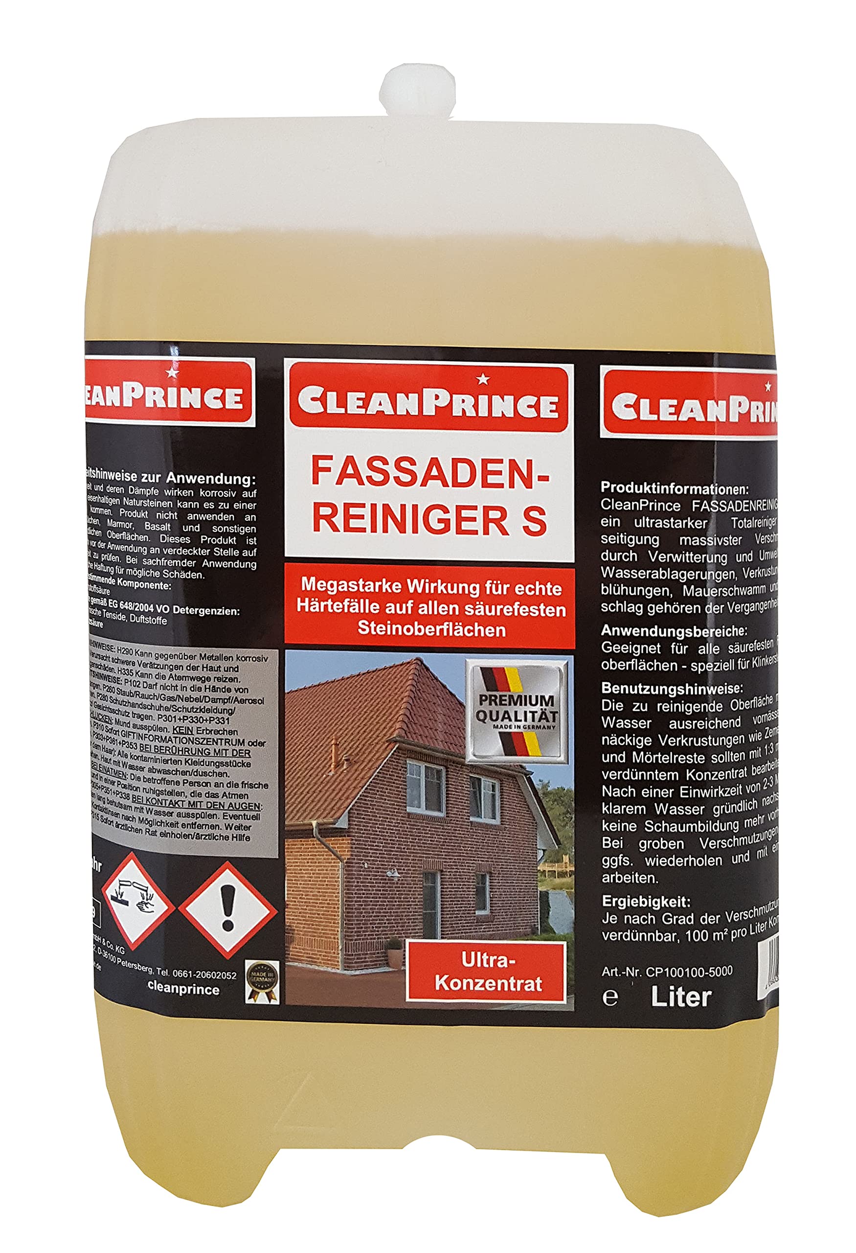5 Litro Bidón cleanprince Fachada Limpiador Ácido S Ultra-Konzentrat para Exteriores Todos Säurefesten Steinarten Fassadenoberflächen Clinker Casa Klinkerfassade Total a Fondo Automático Eficiente Con
