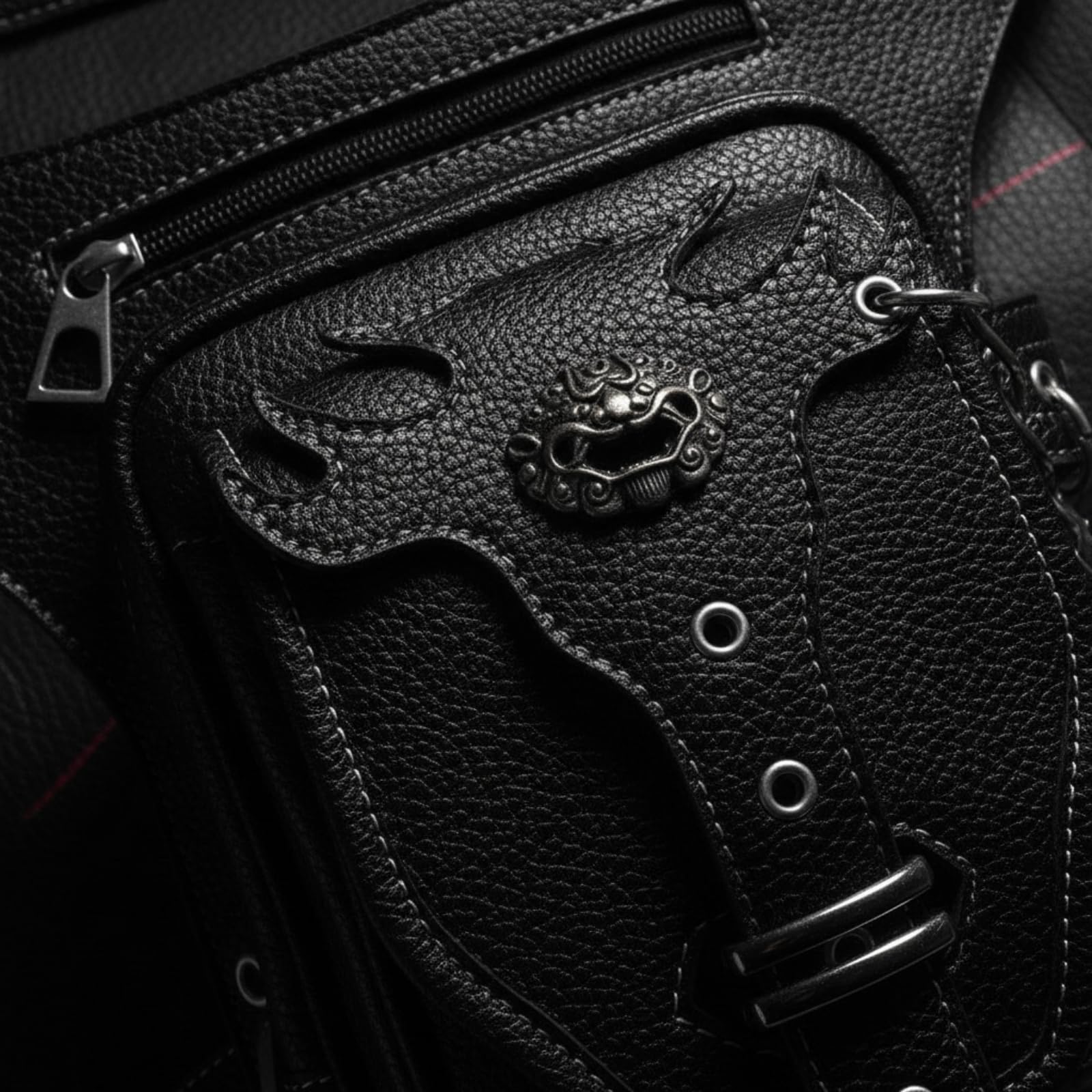 F Fityle Riñonera Resistente para Hombre con Acabado Cuero PU Negro y Placa corativa Metálica con Bolsillo y Correa con Múltiples Agujeros para