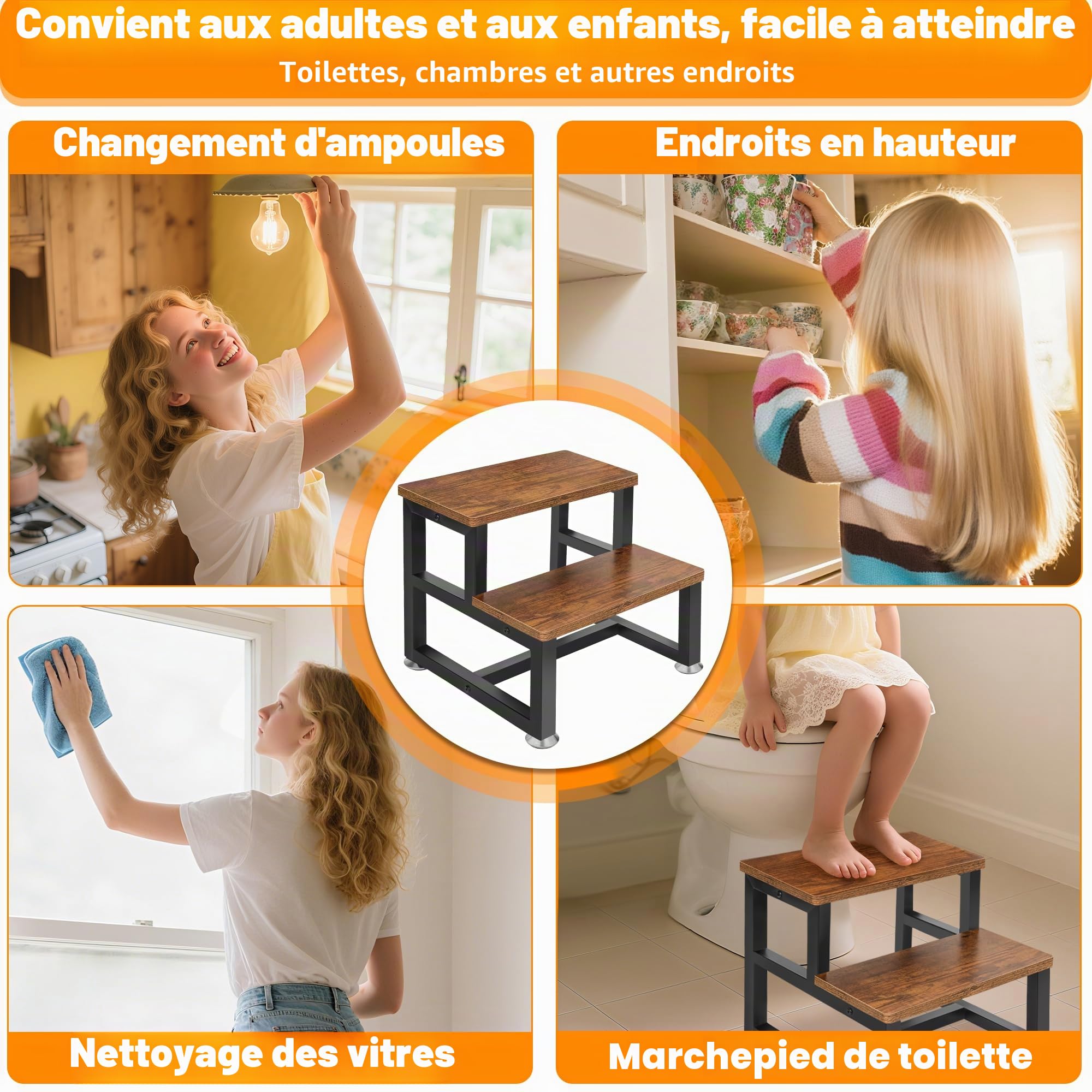 Marchepied pour enfant 2 marches cadre en métal lourd repose-pieds en bois stable 100 kg