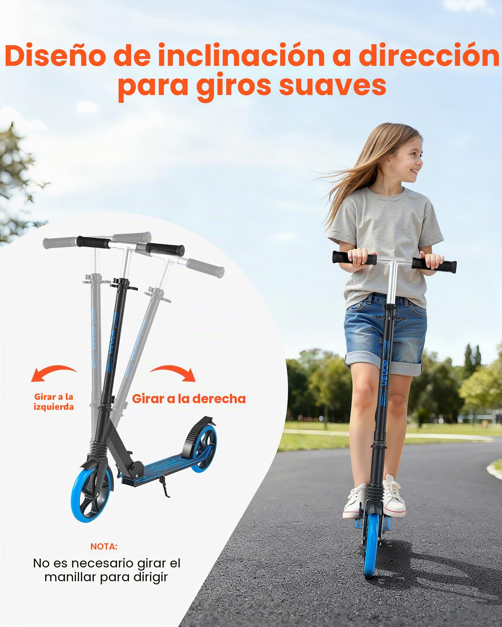 VEVOR Patinete 2 Ruedas, para Niños a Partir de 8 Años, Patinete de Calle con Manillar Regulable en Altura, Base Antideslizante y Chasis Plegable, hasta 100 kg, Color Azul, 900 x 380 x 1000 mm