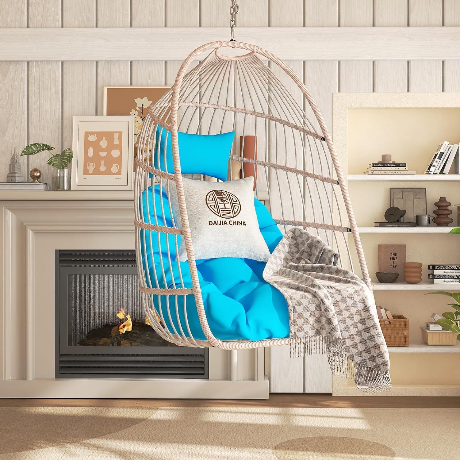 Hanging Egg Chair Without Stand, HDPE Rattan Foldable Swing Chair with Pillow, Aluminum Frame & UV Resistant Cushion for Indoor Outdoor Bedroom Garden, 350Lbs Capacity (Brown)