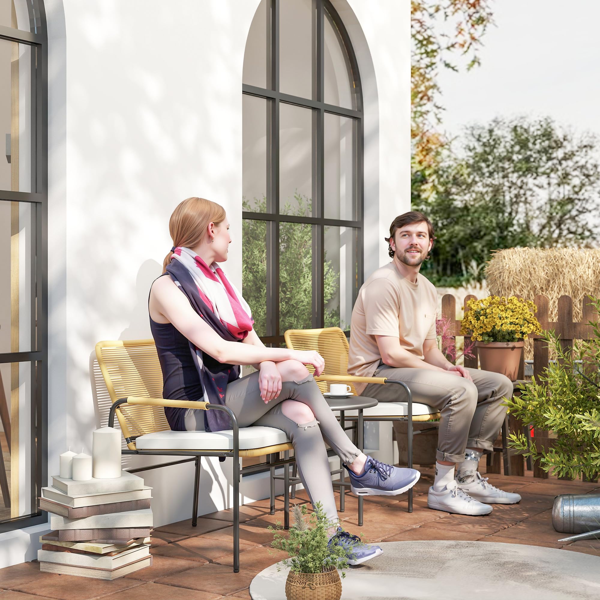 Outsunny Conjunto de Jardín Exterior de 3 Piezas Muebles de Jardín con 2 Sillas con Cojines Lavables Extraíbles y Mesa de Terraza con Tablero Metálico Resistente para Patio Balcón Natural y Crema