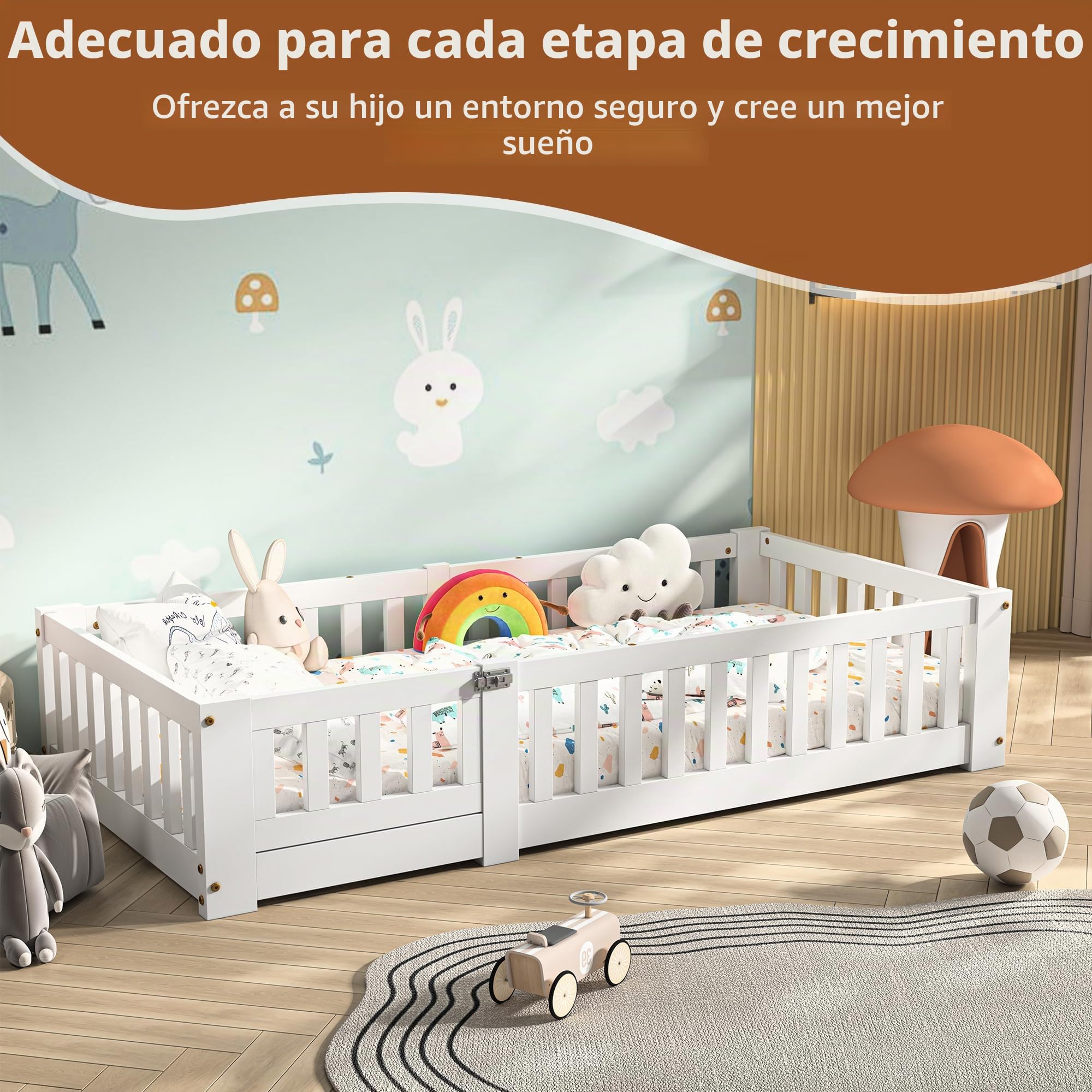 Cama infantil 90x190 cm, cama Montessori en el suelo de madera maciza pino con protección contra caídas y somier de láminas, cama de barrotes para niños y niñas, color blanco