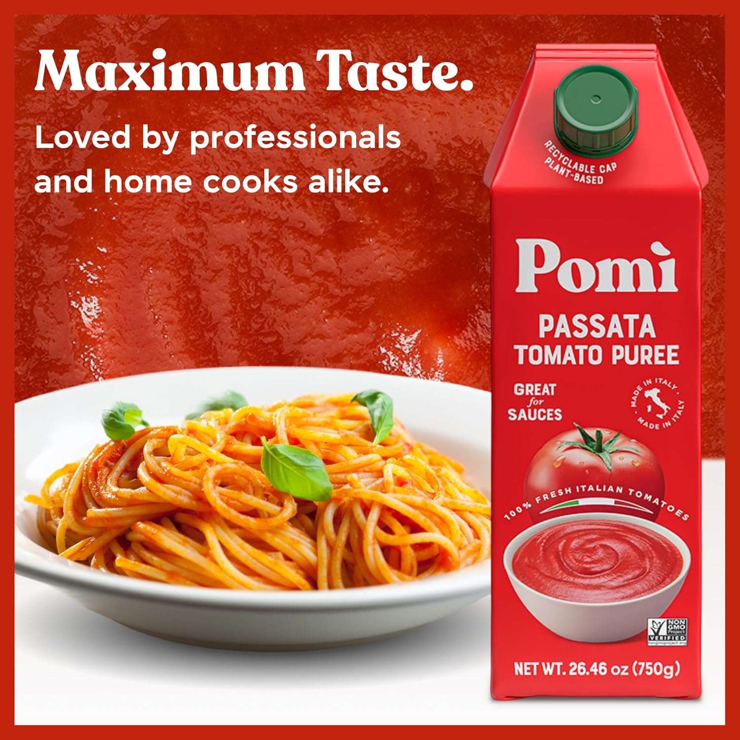 Pomì Tomato Passata 26.46oz (Pack of 6) - Made in Italy - Creamy, Velvety Tomato Puree with Touch of Salt, No Additives or Preservatives - 100% Fresh Italian Tomatoes - BPA-Free, Gluten-Free