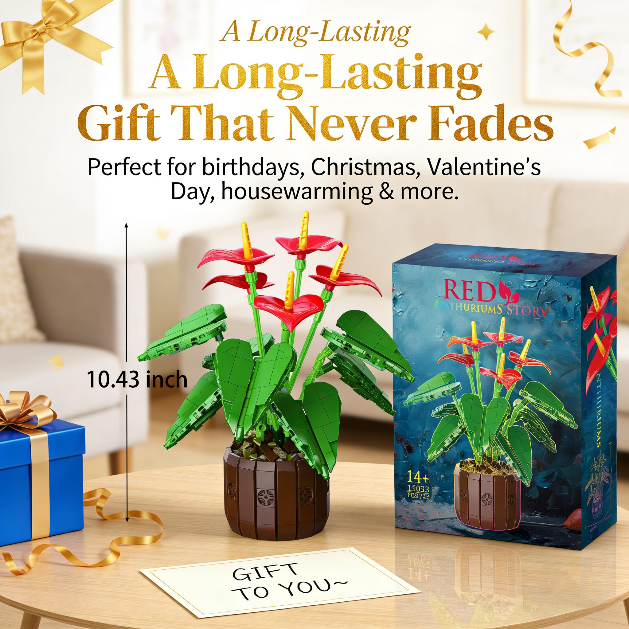 Mavo Brix Set di Costruzione Anthurium con Anturi Rossi e Vaso per Adulti, Compatibile con la Collezione Lego Botanicals, Deliziosa Decorazione in Vaso, Regalo Creativo a Tema Floreale, dai 14 Anni