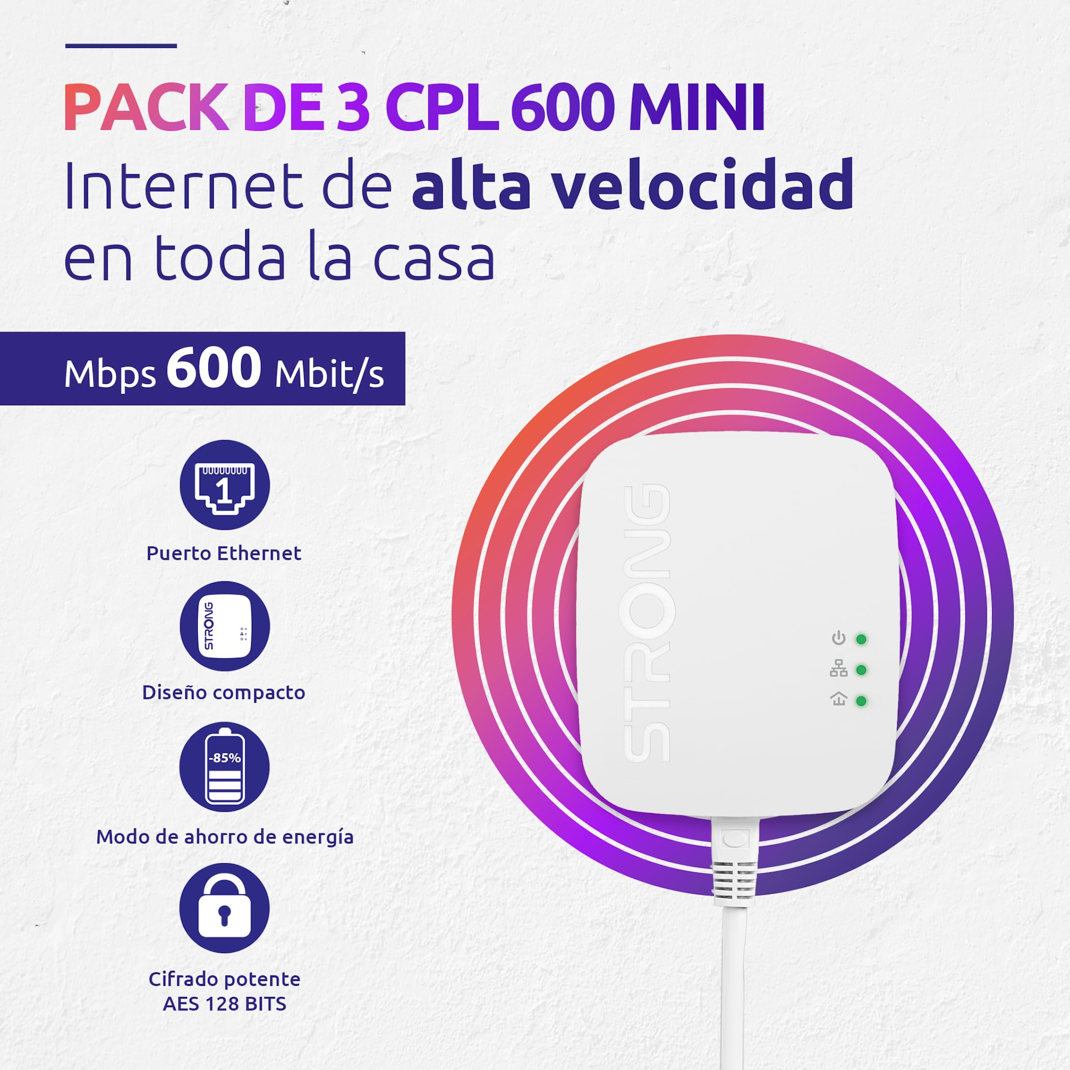 STRONG - Mini Kit Powerline 600 - Triple Toma PLC - 600 Mbps - Compatible con Box/Router - 1 Puerto Ethernet - Instalación Plug & Play - Acceso a Internet de Alta Velocidad en Todas Partes - Blanco