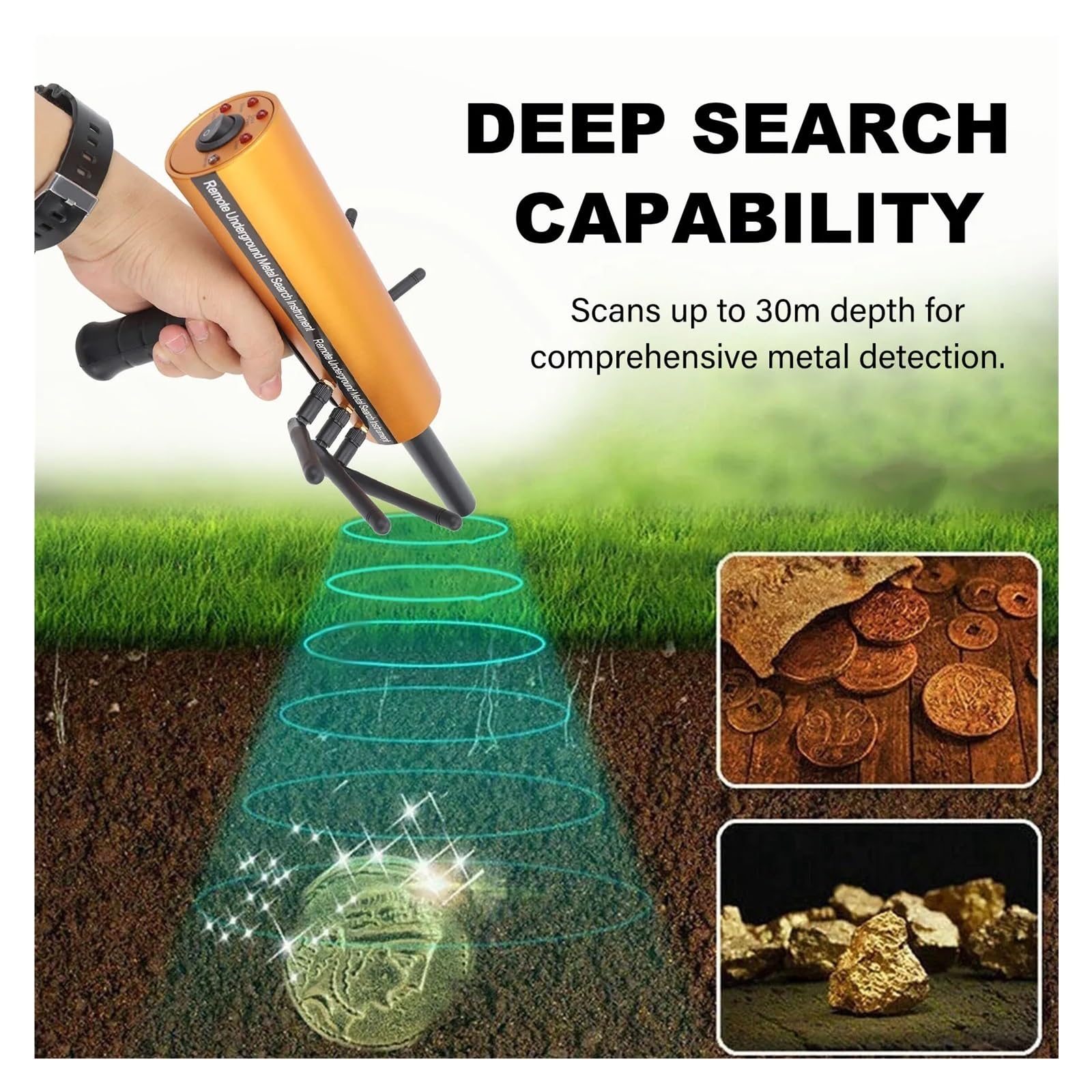 Détecteur de métaux AKS, détecteur, Profondeur 30 m, portée 1200, 6 antennes, Recherche précise d'or
