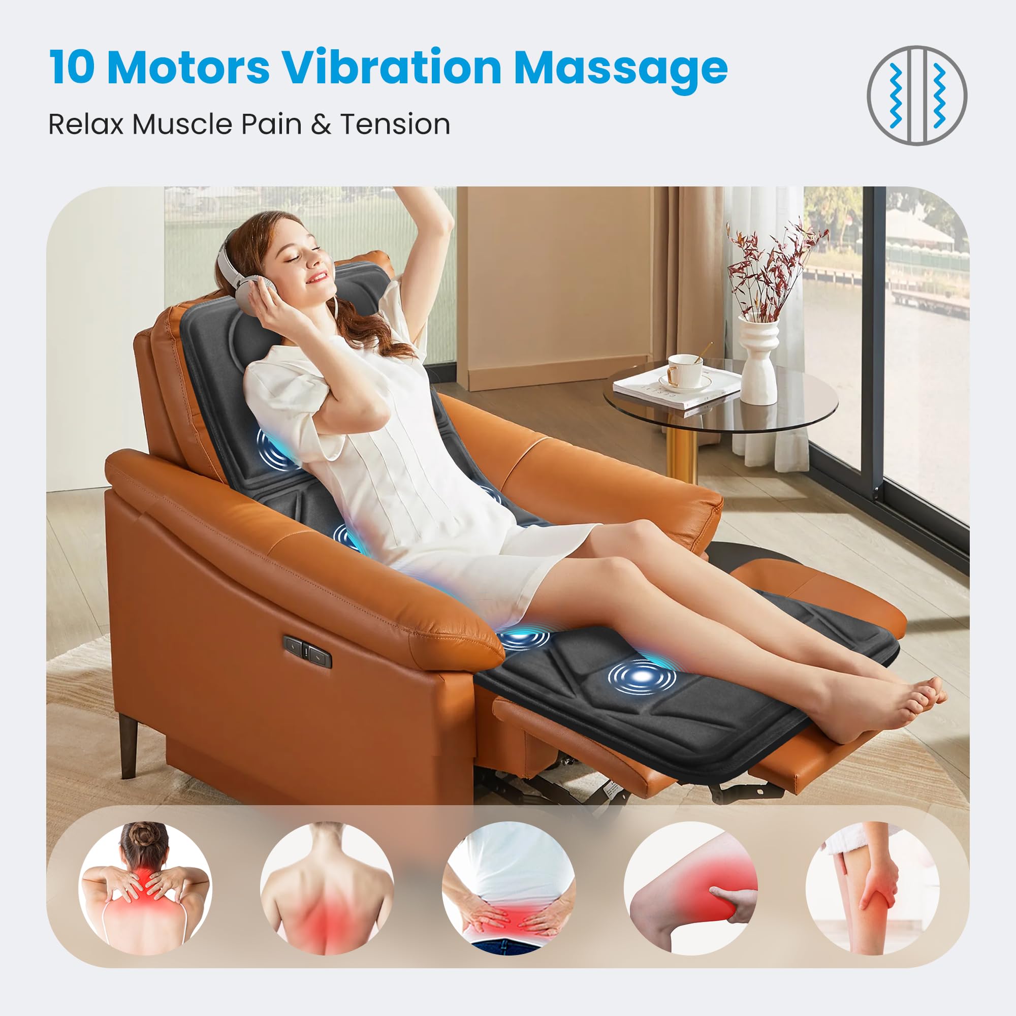 CooCoCo Tapete de masaje de cuerpo completo con calor, regalos de cumpleaños para papá, mamá, mujeres y hombres, colchón de masaje vibratorio de 10 motores, almohadilla de silla de masaje para cama