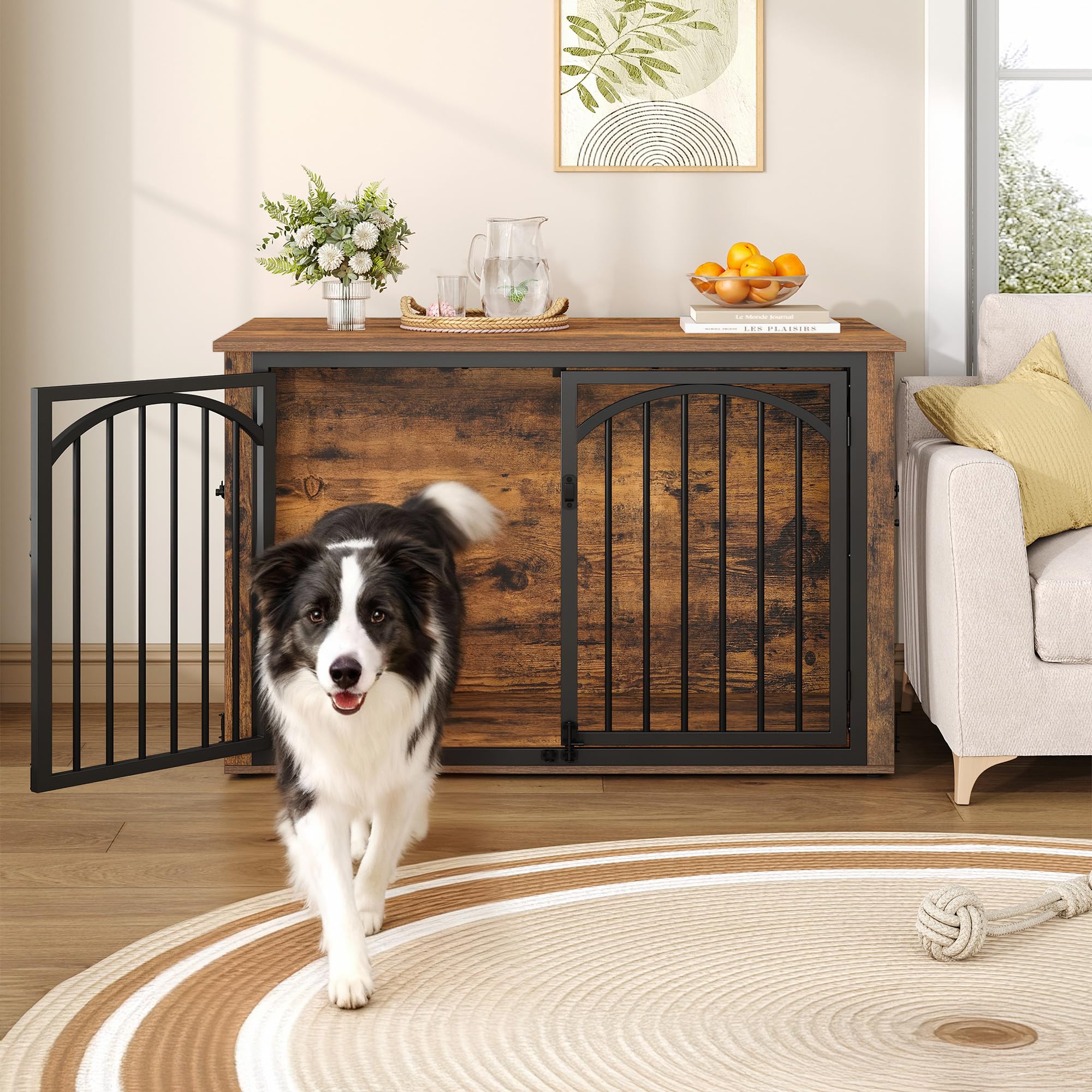 Hundekäfig Möbel, 100cm Hundebox für Zuhause mit 4 Türen, Moderne Hundebox Holz, Beistelltisch, für Mittelgroße bis Große Hunde, Hundekäfig Indoor, 100 x 60 x 63 cm, Vintagebraun und Schwarz