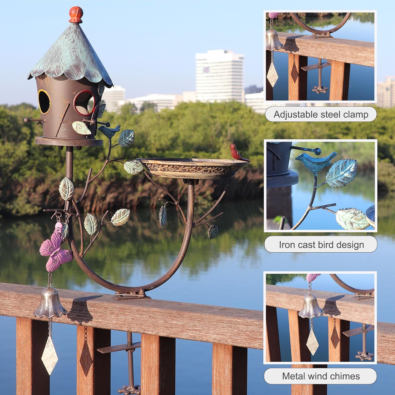 HLQMFHT Deck Bird Bath, Metal Bird Bath and Bird Houses, Decorative Deck Mounted Bird Baths, Detachable and Adjustable Sturdy Deck Bird Bath for Outdoor Porch Yard Garden Decoration