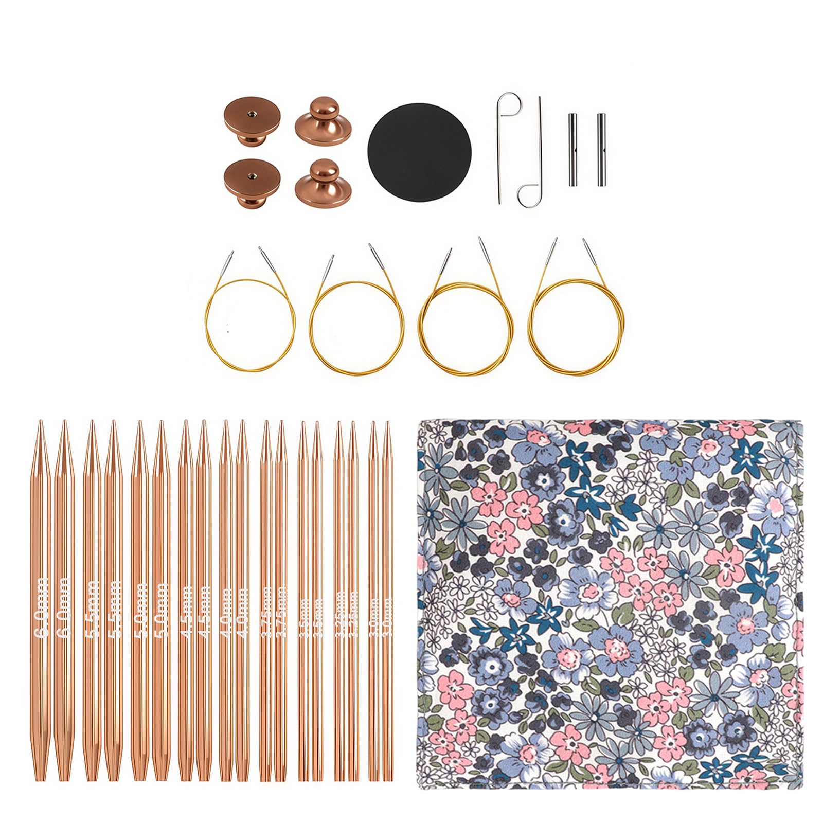 Ensemble de tricot circulaire portable avec pointes en aluminium, 9 paires de pièces interchangeables, variété de longueurs de câble et pochette florale pour un rangement organisé Ensemble de tricot