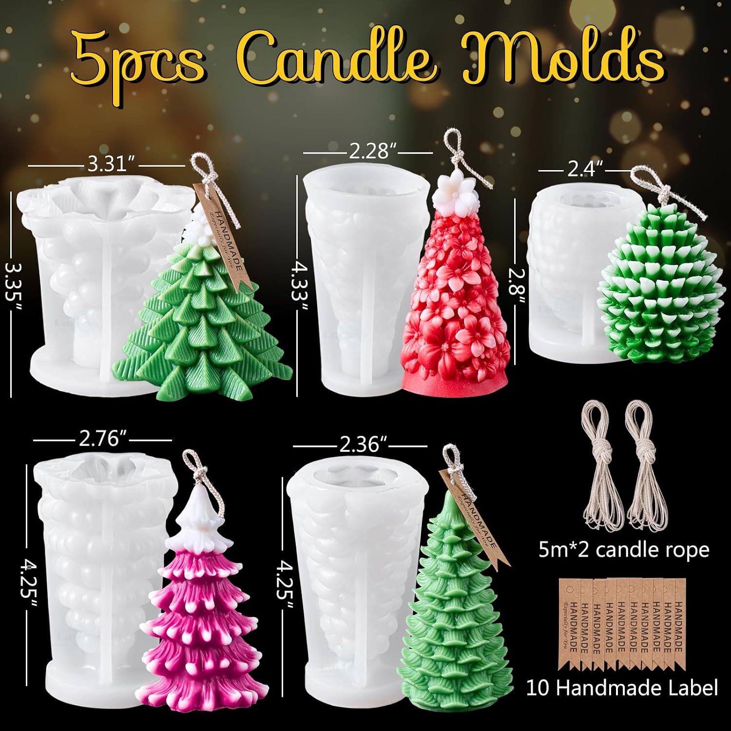Christmas Silicone molds 5 PCS Christmas Tree Pine Cone Candle Molds for Candle Making Wax Mold 3D Tree Resin Soap Craft Chocolate Ornament Silicone Mold with 10m Candle Rope DIY Xmas Gift Home Decor