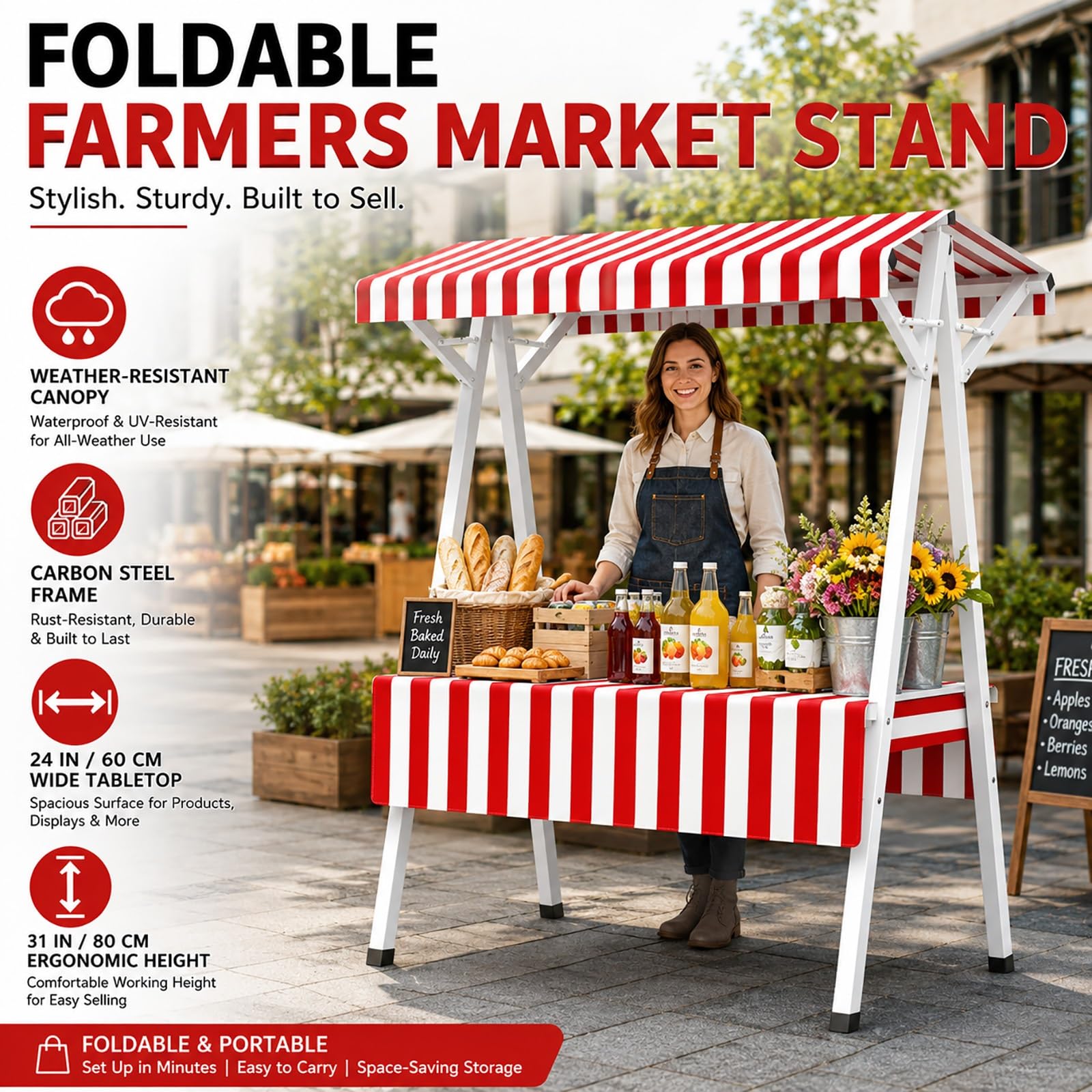 Puesto Plegable para Mercado de Agricultores, Carrito de Venta Ambulante | Toldo Resistente La Intemperie con Estructura de Acero, para Ventas al Aire Libre, Ferias de Artesanía(Orange,150cm/59in)