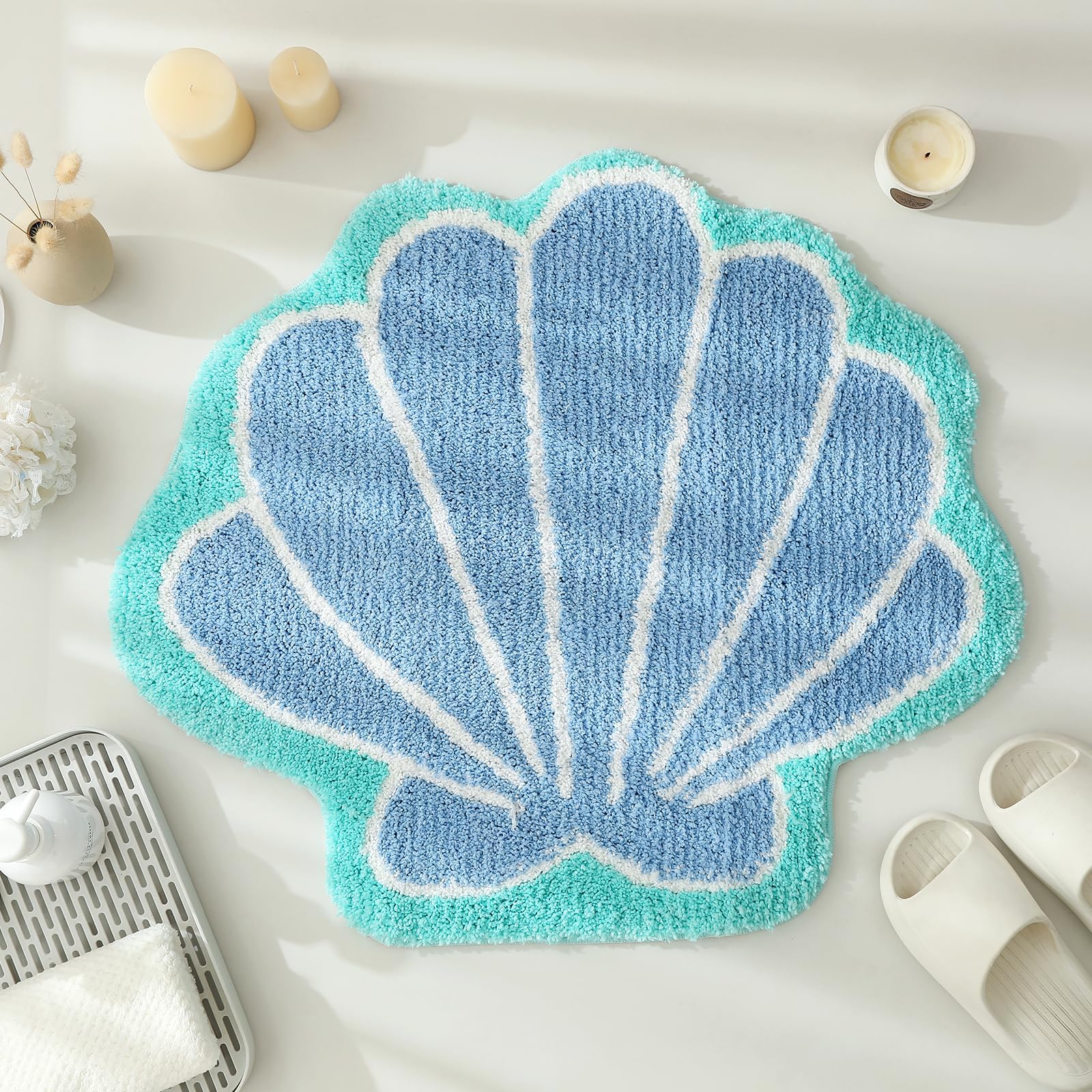 Tappeto da Bagno a Conchiglia Blu, Tappetino da Bagno Oceano e Stella Marina, Assorbente Antiscivolo Lavabile in Microfibra, Tappeto Bagno per Decorazione Marina 56x66cm